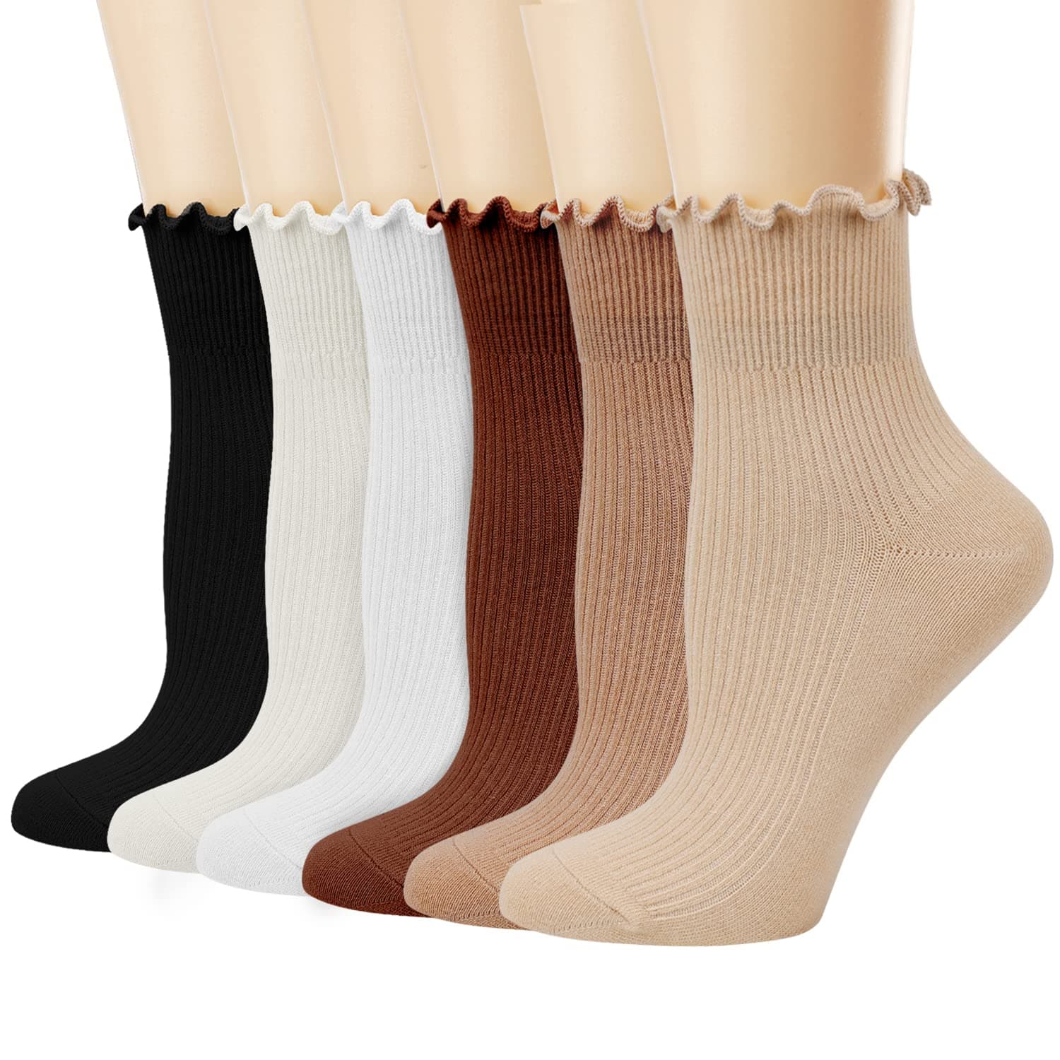 Women's Ruffle Socks,Casual Cute Ankle Breathable Knit Cotton Soft Frilly Crew Socks for Women 6 Pack