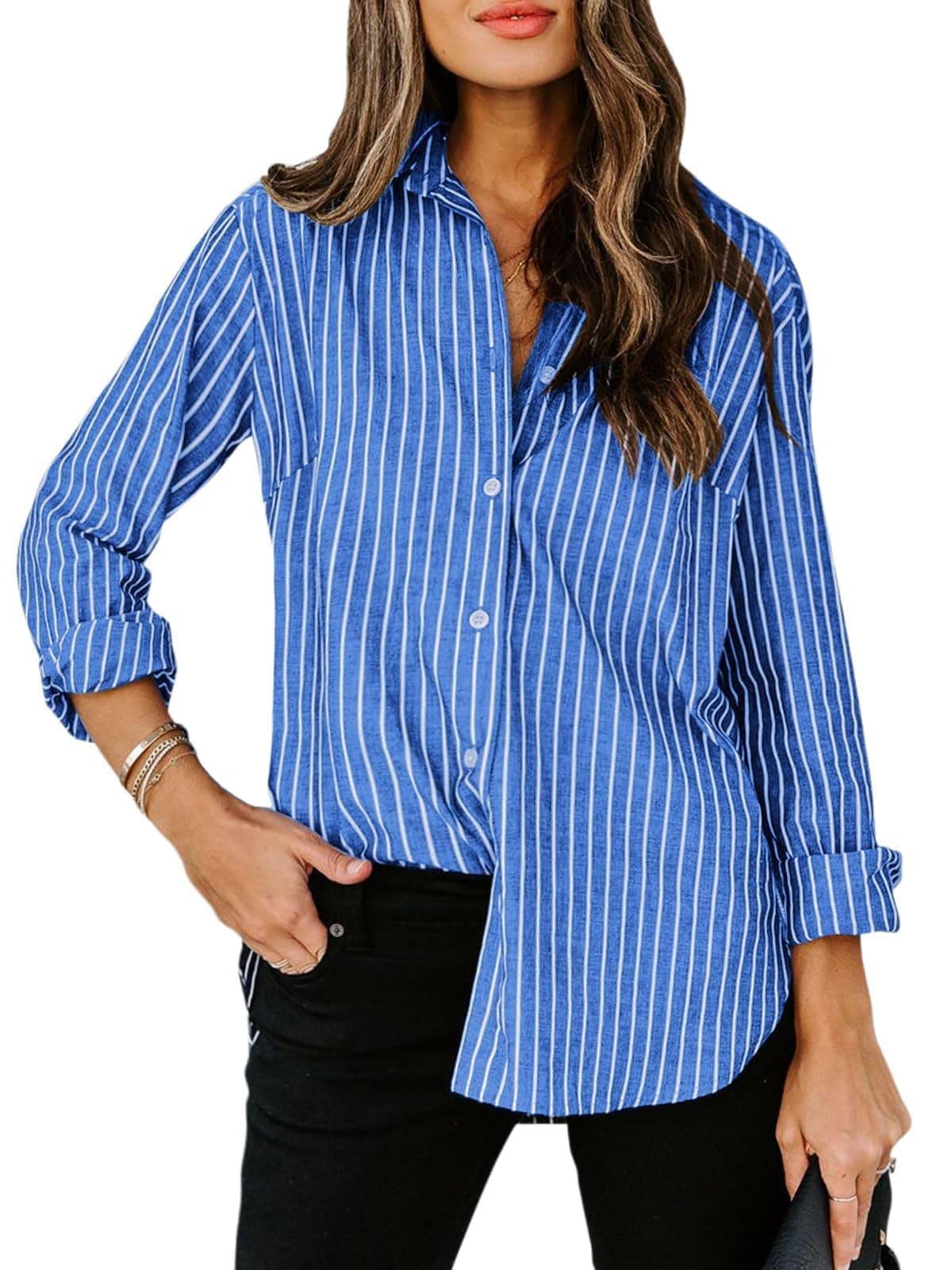 siliteelon Womens Button Down Shirts Cotton Striped Dress Shirt Long Sleeve Collared Office Work Blouses Tops