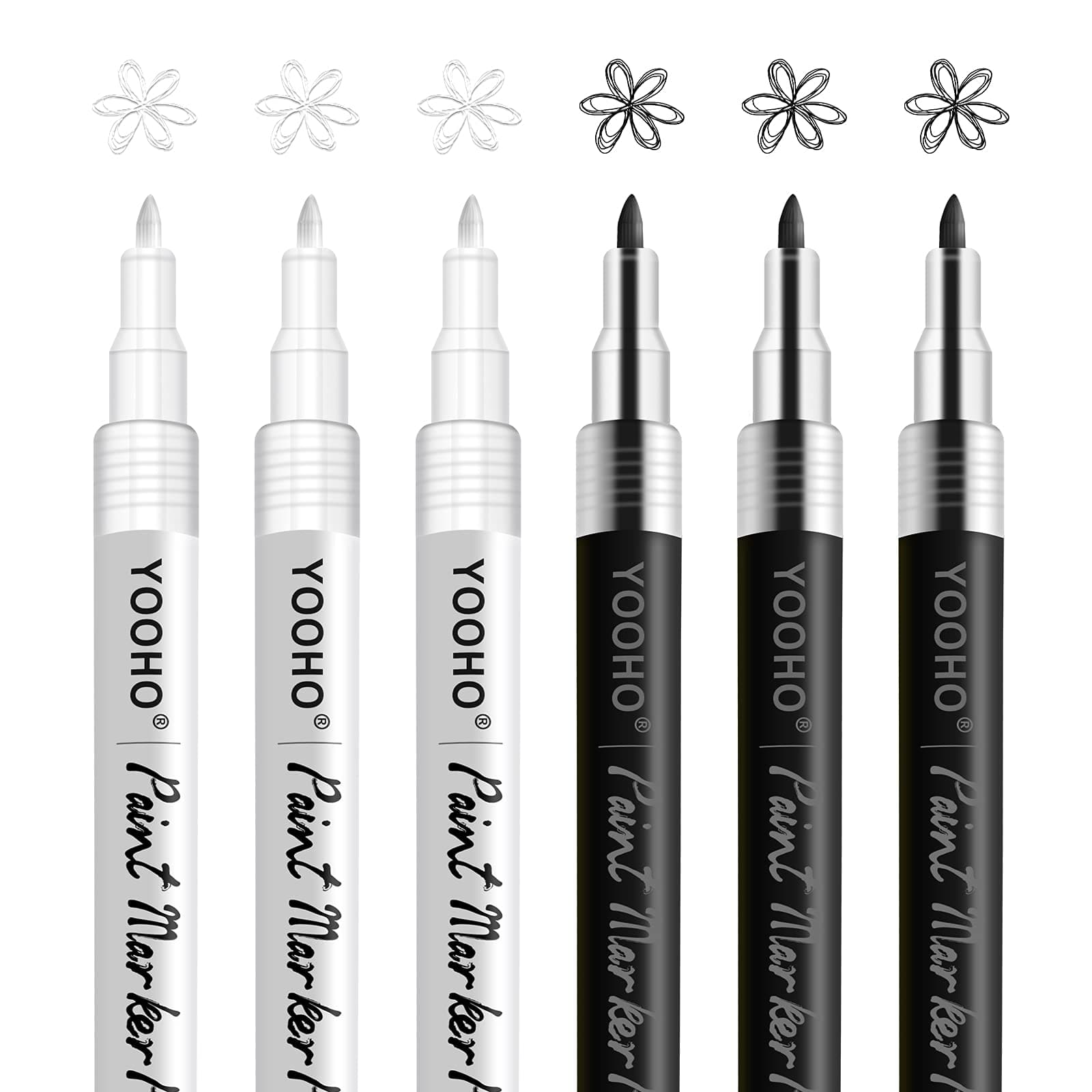 Black White Acrylic Paint Pens Paint Markers Fine Tip 0.7mm, 6PCS Acrylic Permanent painting for Glass Rocks Wood Tire Metal Painting, Washable Acrylic Paint for Crafting