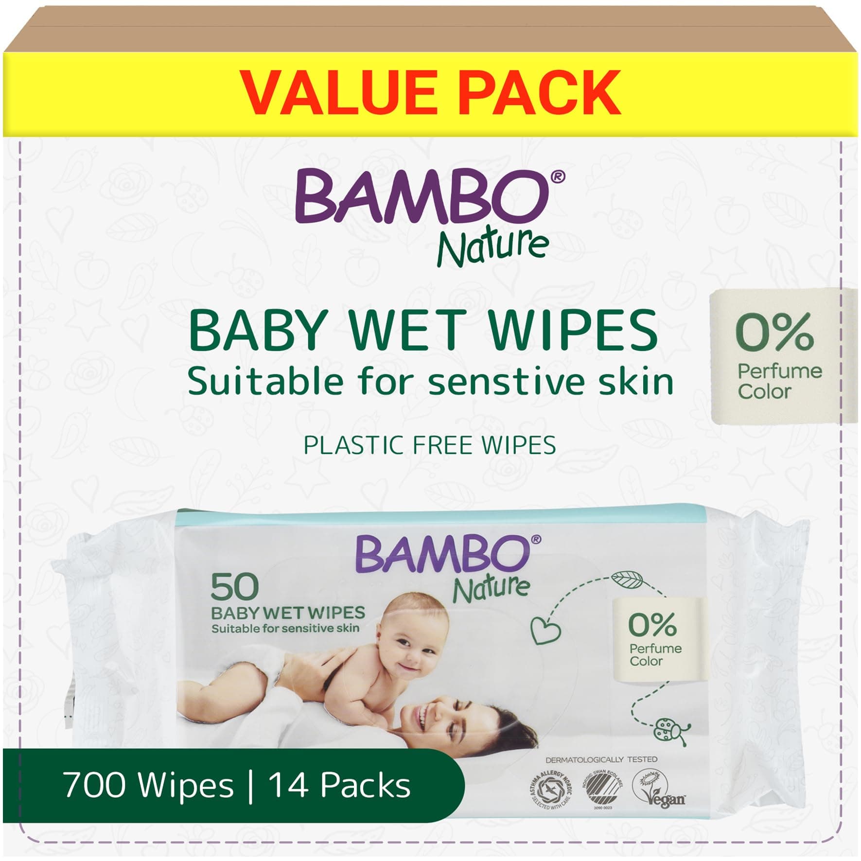 Bambo Nature Plastic-Free Wet Wipes (14x 50), Newborn Essentials, Eco-Labelled Baby Wipes, Gentle and Soft , Moisturising, Skin-Friendly, Plastic-Free, Baby Essentials
