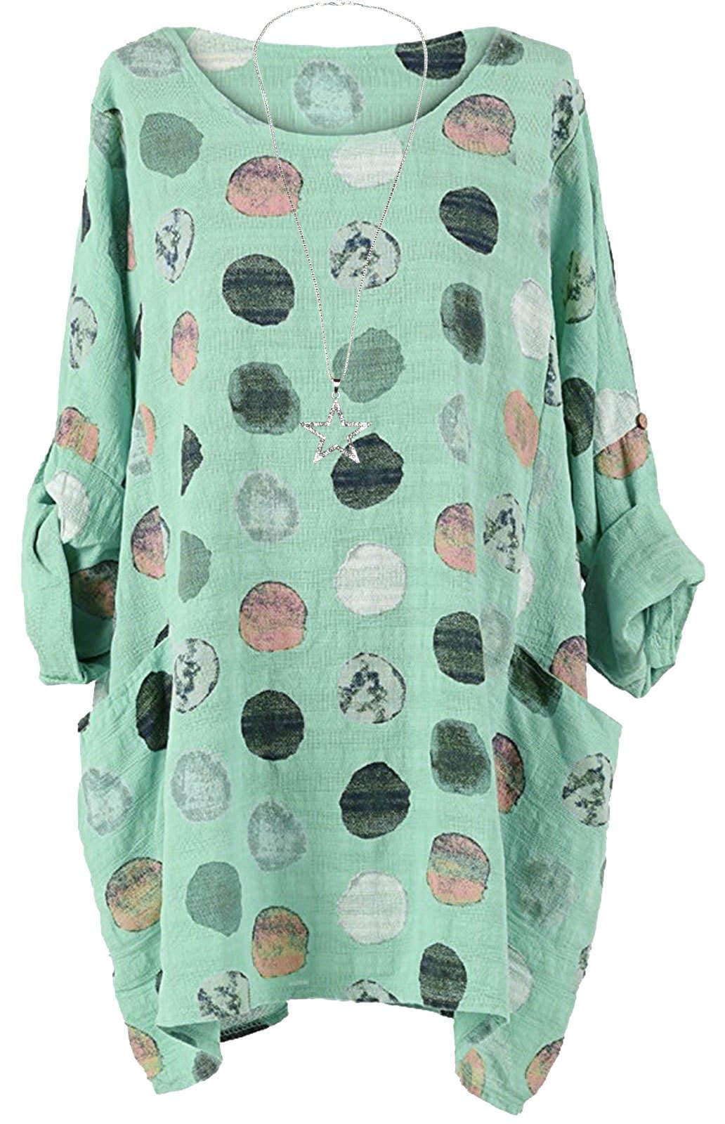 Us Patrol Ladies Cotton Tops Italian Polka Doted Women Lagenlook Plus Size Baggy Top With Necklace 12-24 Uk