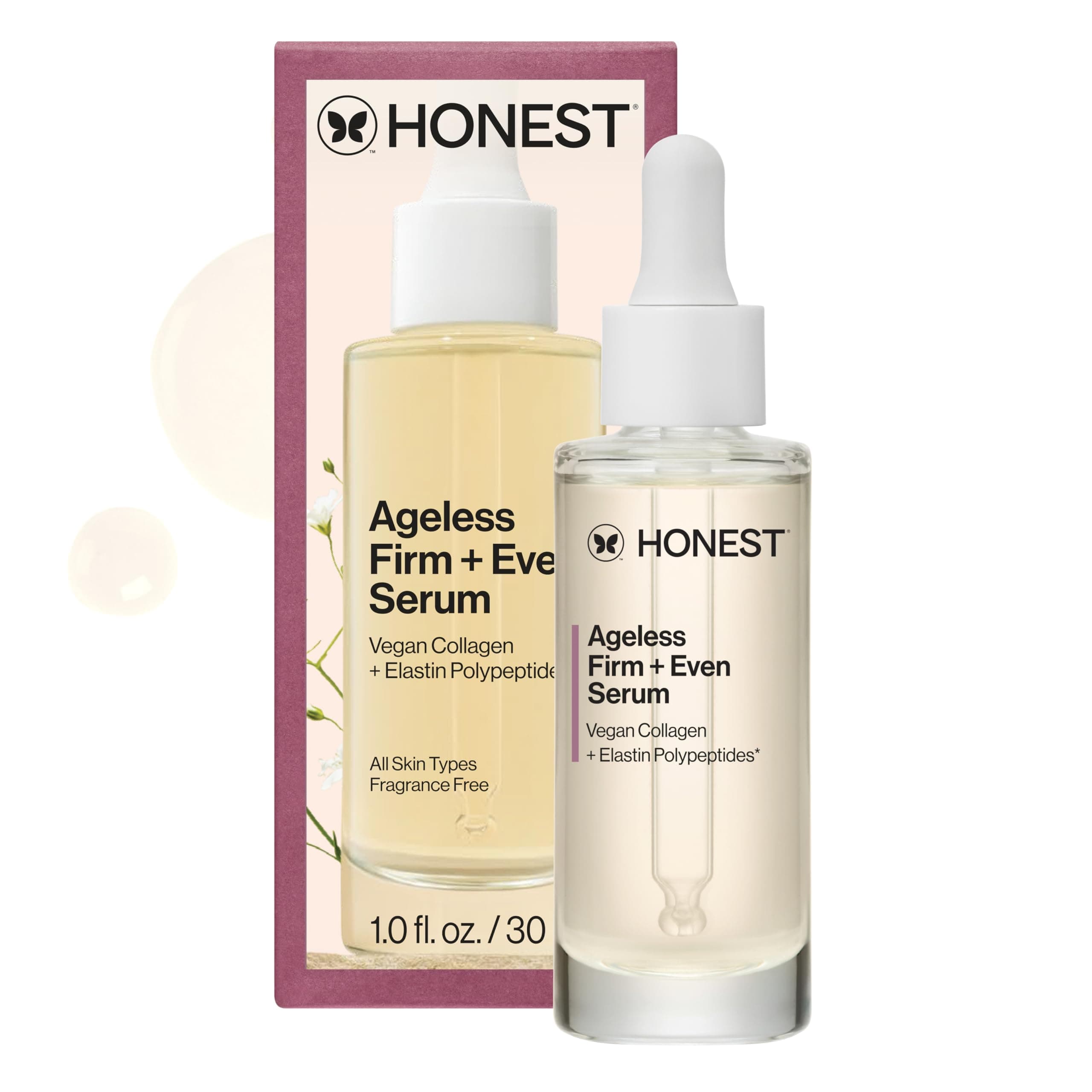 Honest Beauty Ageless Firm and Even Serum, Powered by Vegan Collagen Elastin Polypeptides, Firmer-Looking Skin, Fragrance Free, EWG Verified, Cruelty-Free, 1 fl oz