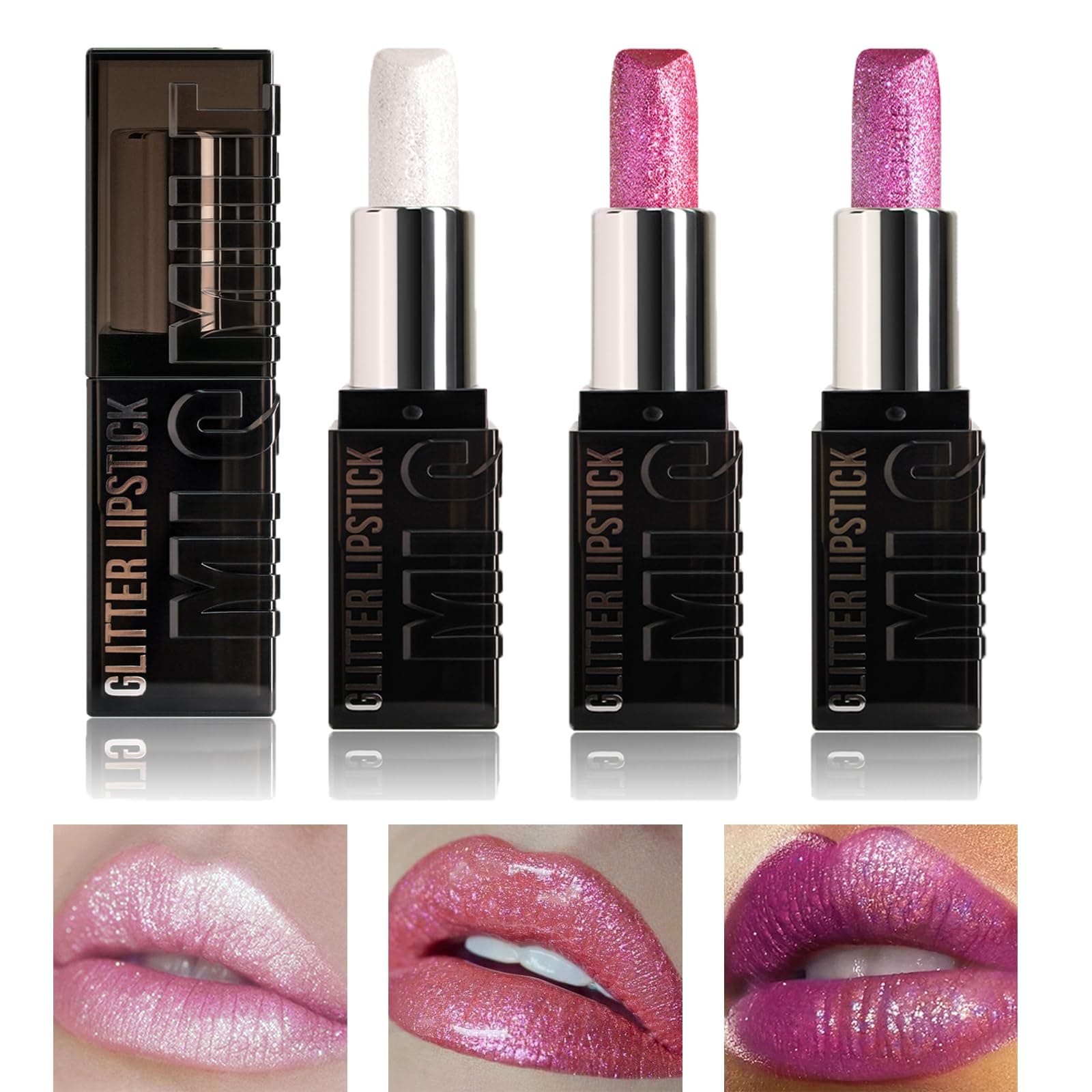 Dulele3 Colors Glitter Lipstick Set, High Shine Diamond Shimmer Lipstick,Metallic Sparkly Finish Lip Stick, Rose Color Shiny Lipstick for Women Lips Makeup(A)