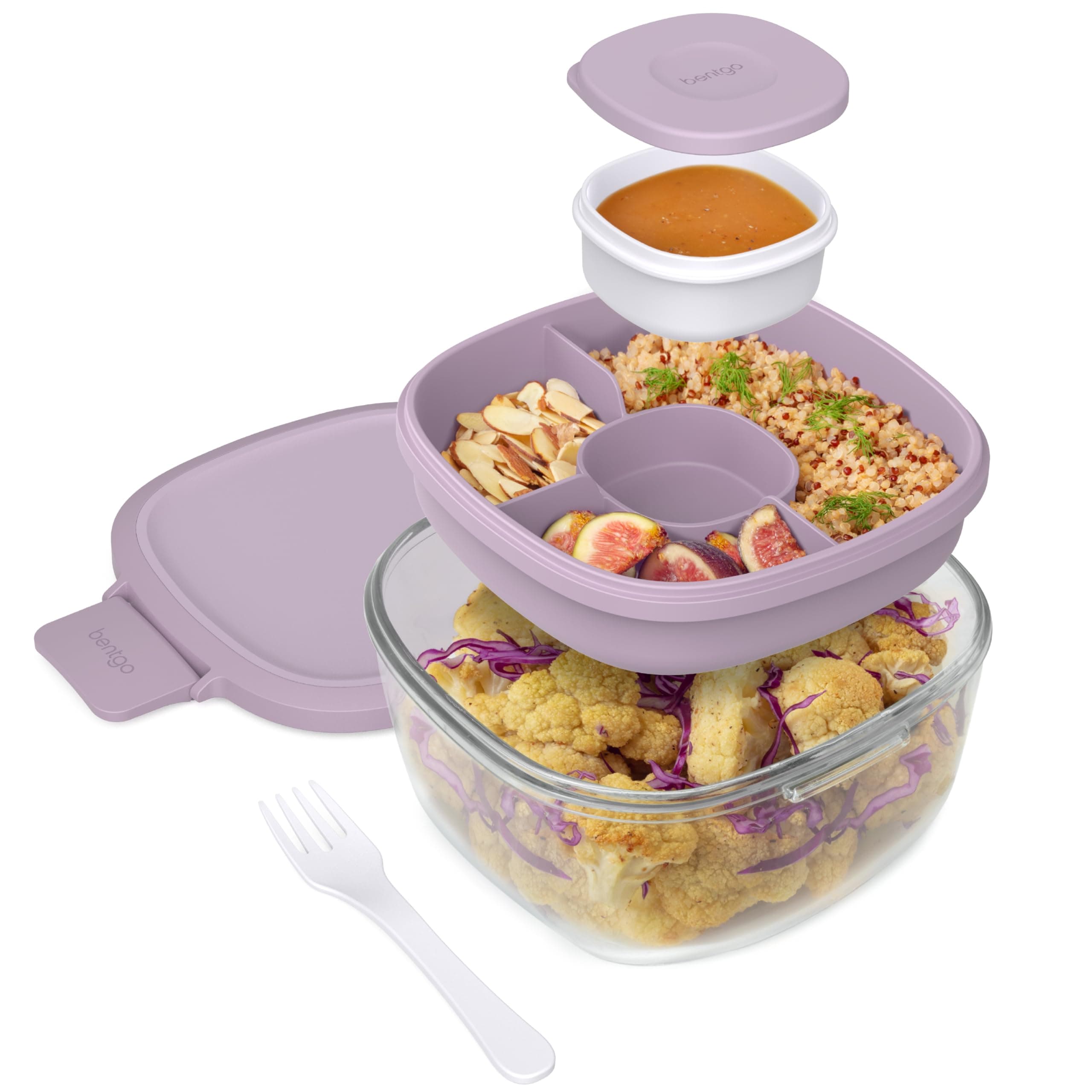 Bentgo Glass Salad Container - 7.6-Cup Salad Bowl with Airtight Lid, Leak-Proof Sauce Container, 4-Compartment Bento Tray & Reusable Fork - BPA-Free for Meal Prep, Office & More (Lavender)