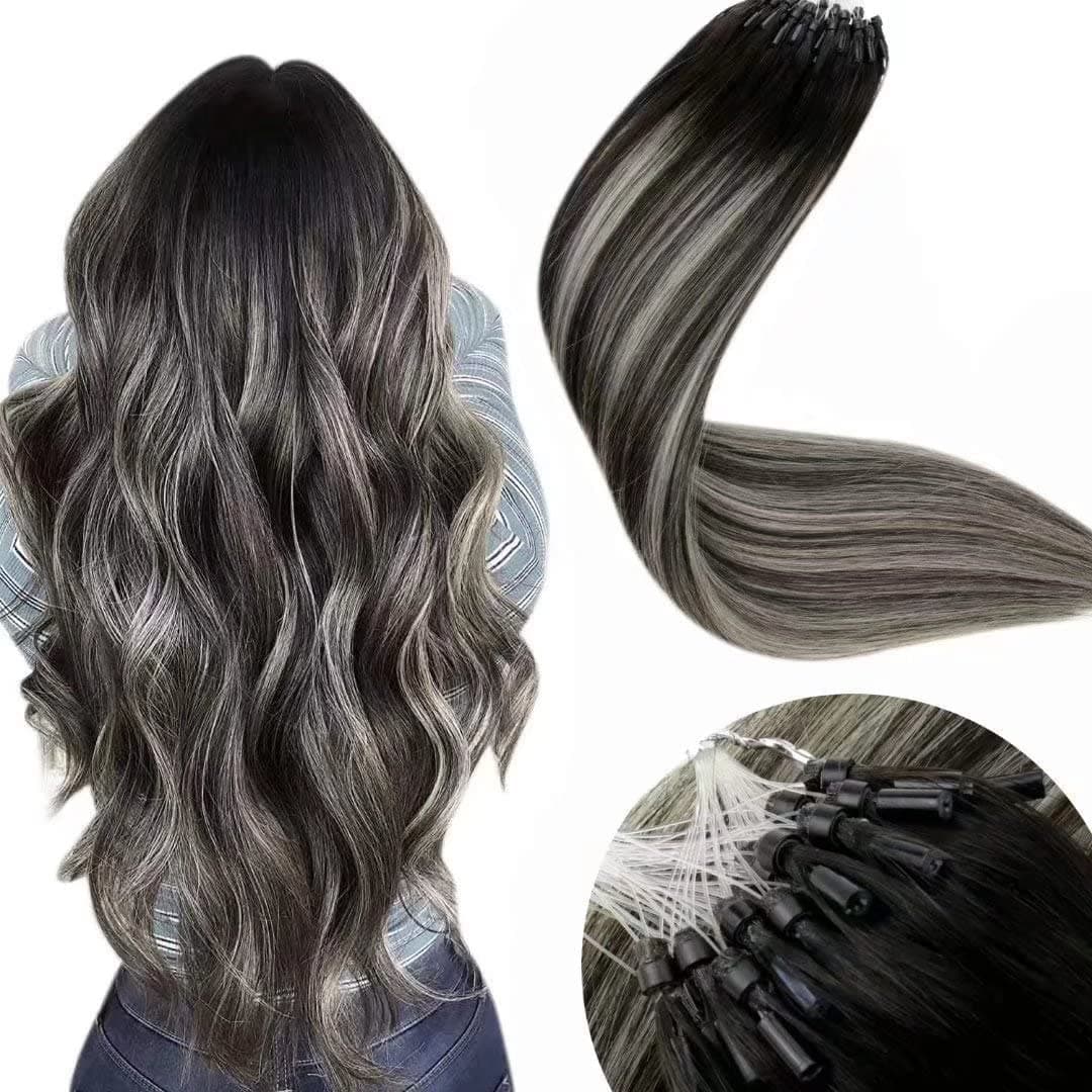 LaaVooMicro Link Hair Extensions Human Hair Ombre Black Micro Beads Hair Extensions Ombre Balayage Off Black to Grey Silver Micro Ring Hair Extensions Human Hair 18 inch 50g/50s