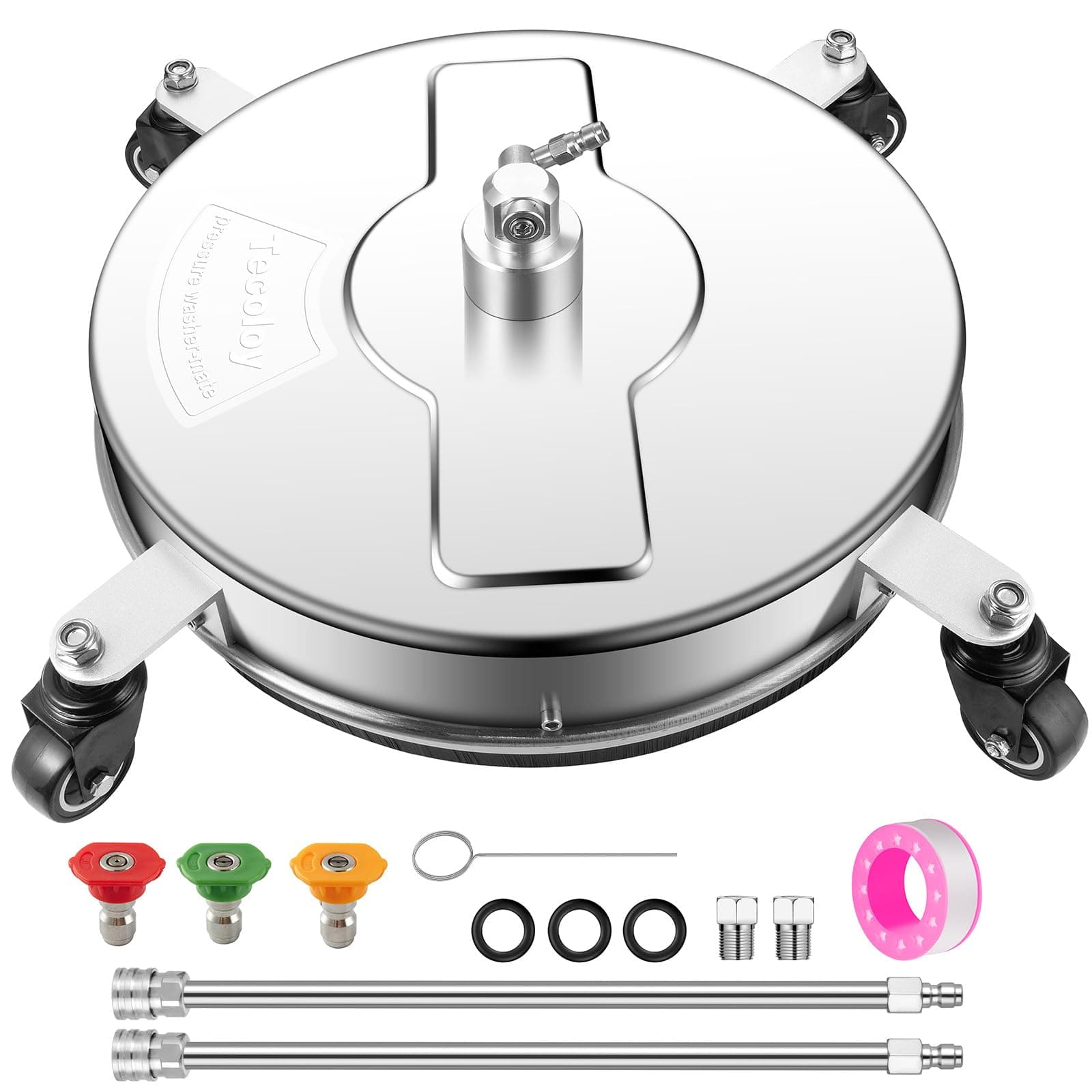 18" Pressure Washer Surface Cleaner with 4 Wheels-Stainless Steel Power Washer Accessory for Concrete Driveways Sidewalks Patios Cleaning with 3 Spray Nozzles