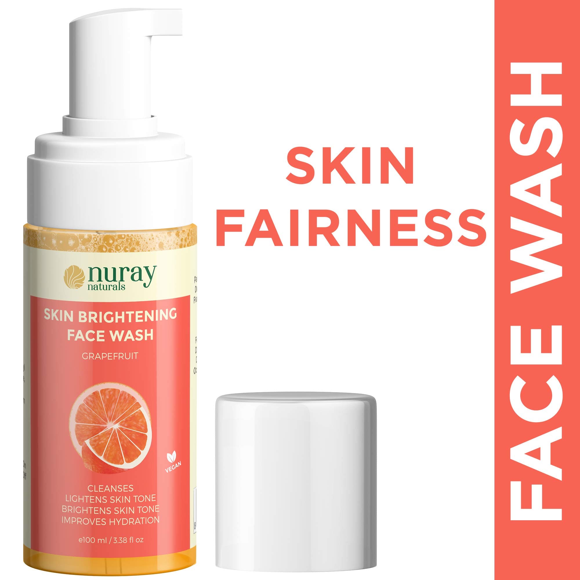 Nuray Naturals Vegan Face Wash for Fairness, Brightening and Skin Glow Hydrating with Foaming Pump, 100 ml