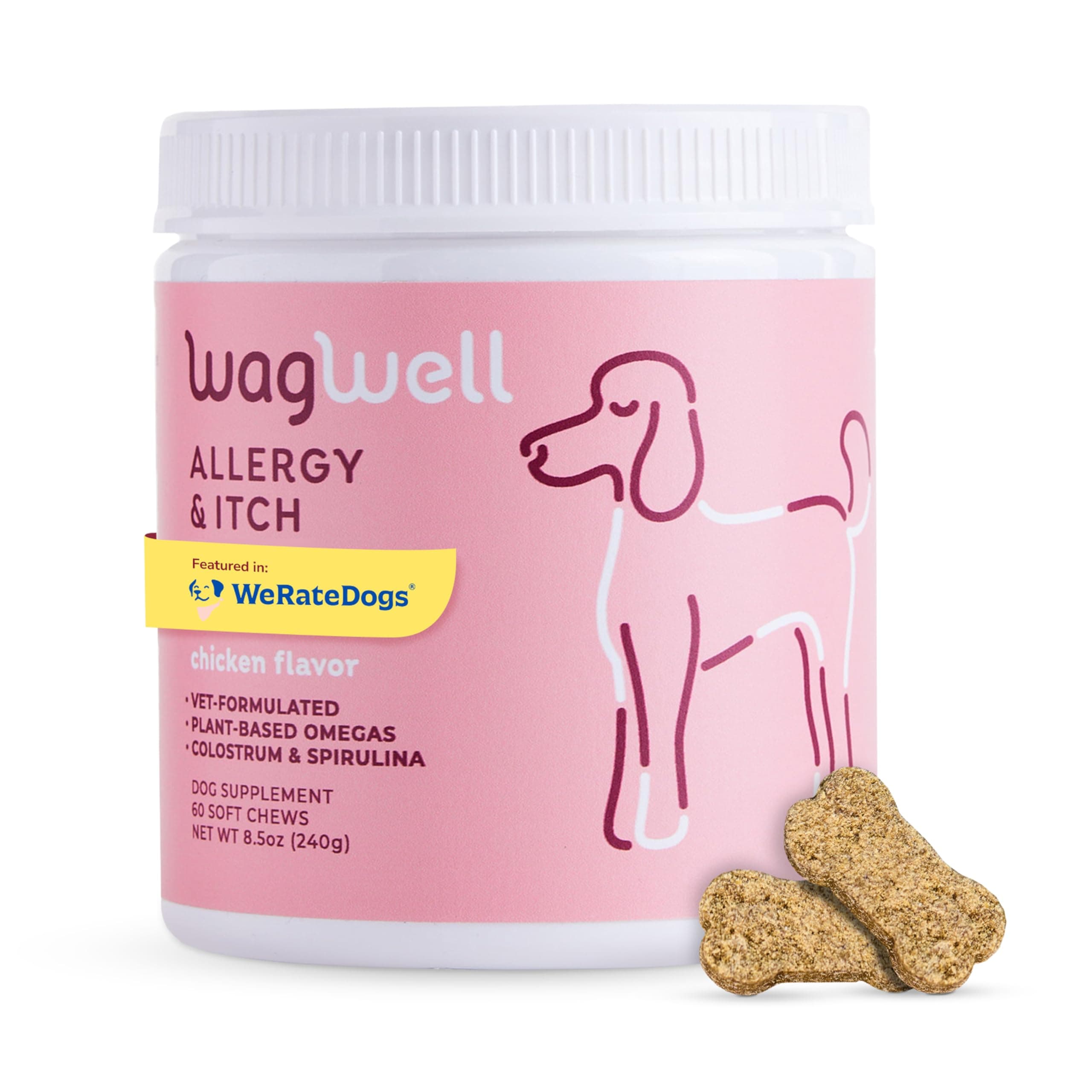 WagWell Allergy & Itch Chews – Vet-Formulated, All Natural, Made in The USA – Plant-Based Dog Allergy Chews with Colostrum and Spirulina – Supports Dog Allergy Relief and Digestive Health, 60 Chews