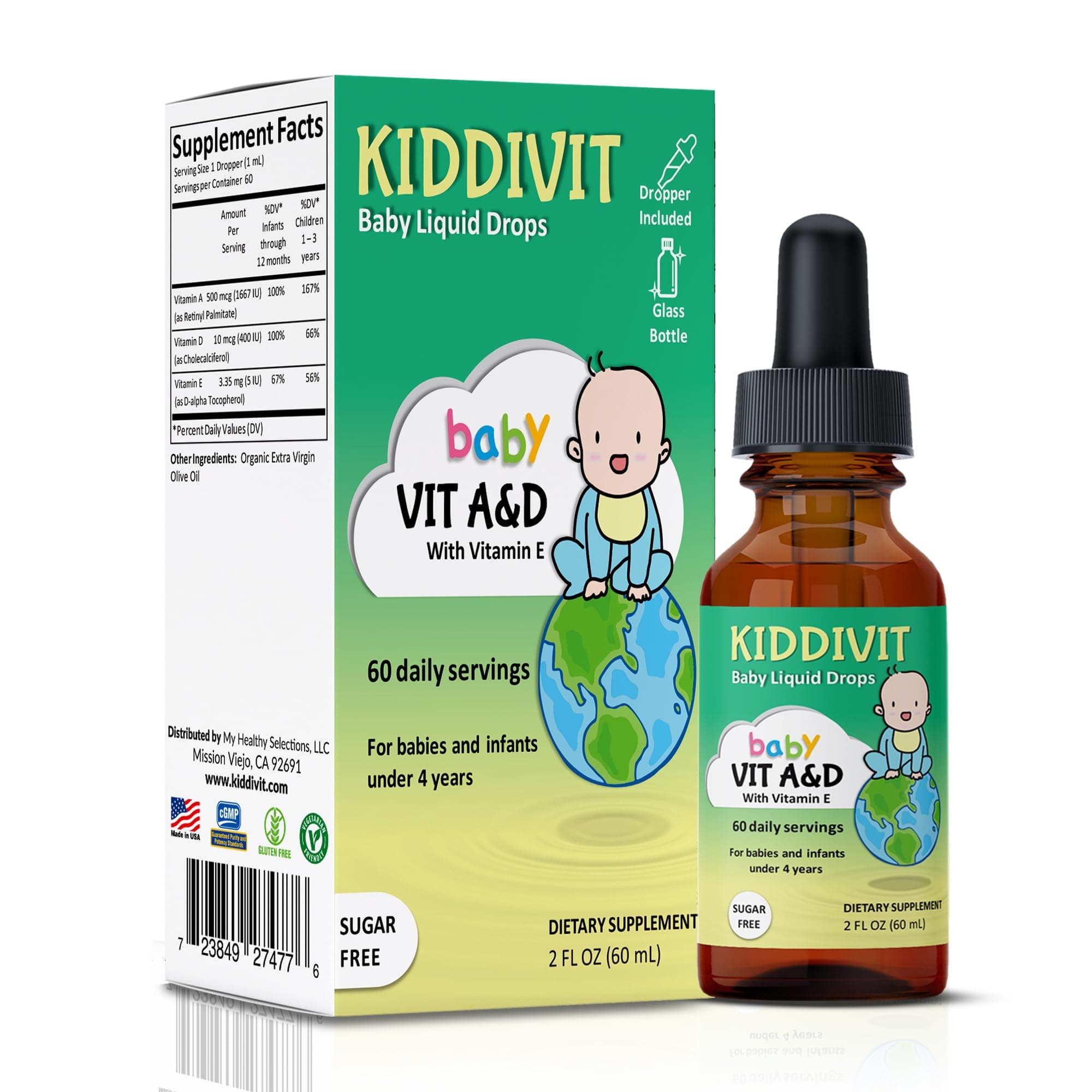 Kiddivit Baby Vitamin A&D Liquid Drops with Vitamin E - 60 Daily Servings, 2 Fl Oz (60 mL) - Dropper Included, Glass Bottle - Sugar Free, Gluten Free, Vegetarian Friendly