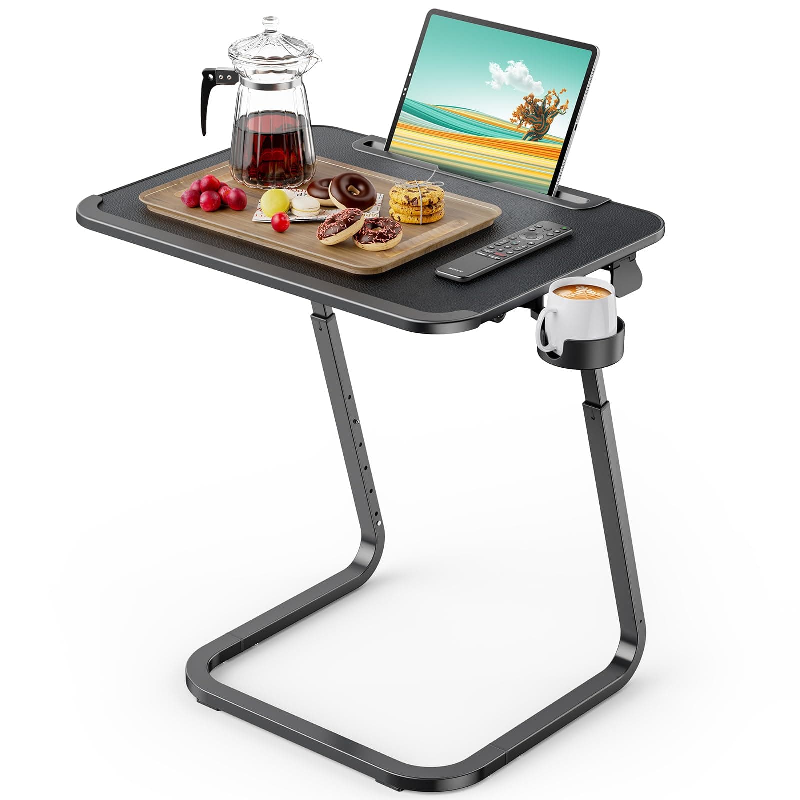 SAIJI Table For Sofa, Overbed Table, beside table adjustable table, Sturdier U-shaped legs, TV Tray, Adjustable Height and Angle, with Tablet Slot, Cup Holder, 55 * 39cm