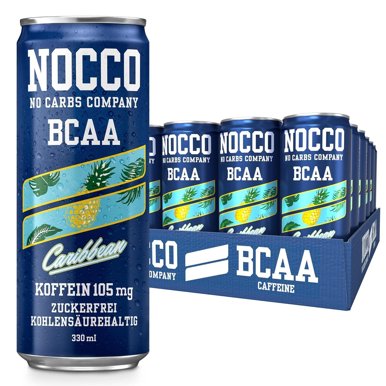NOCCO BCAA Energy Drink Pack of 24 - Sugar-Free, Vegan Energy Drink with Caffeine, Vitamins and Amino Acids - Caribbean Pineapple, 24 x 330 ml Including Deposit (Caribbean)