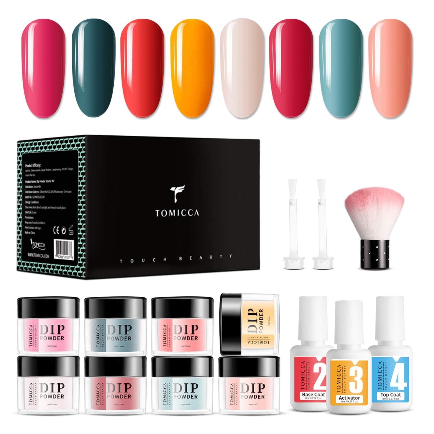 Nail Dipping Powder Starter Kit, TOMICCA Dip Powder Nail Kit for French Nail Art Set Easy to Apply Fast Dry NO UV/LED (Comes With 5 Powder Set, Essentials Kit Steps 1-6 Manicure Tools)