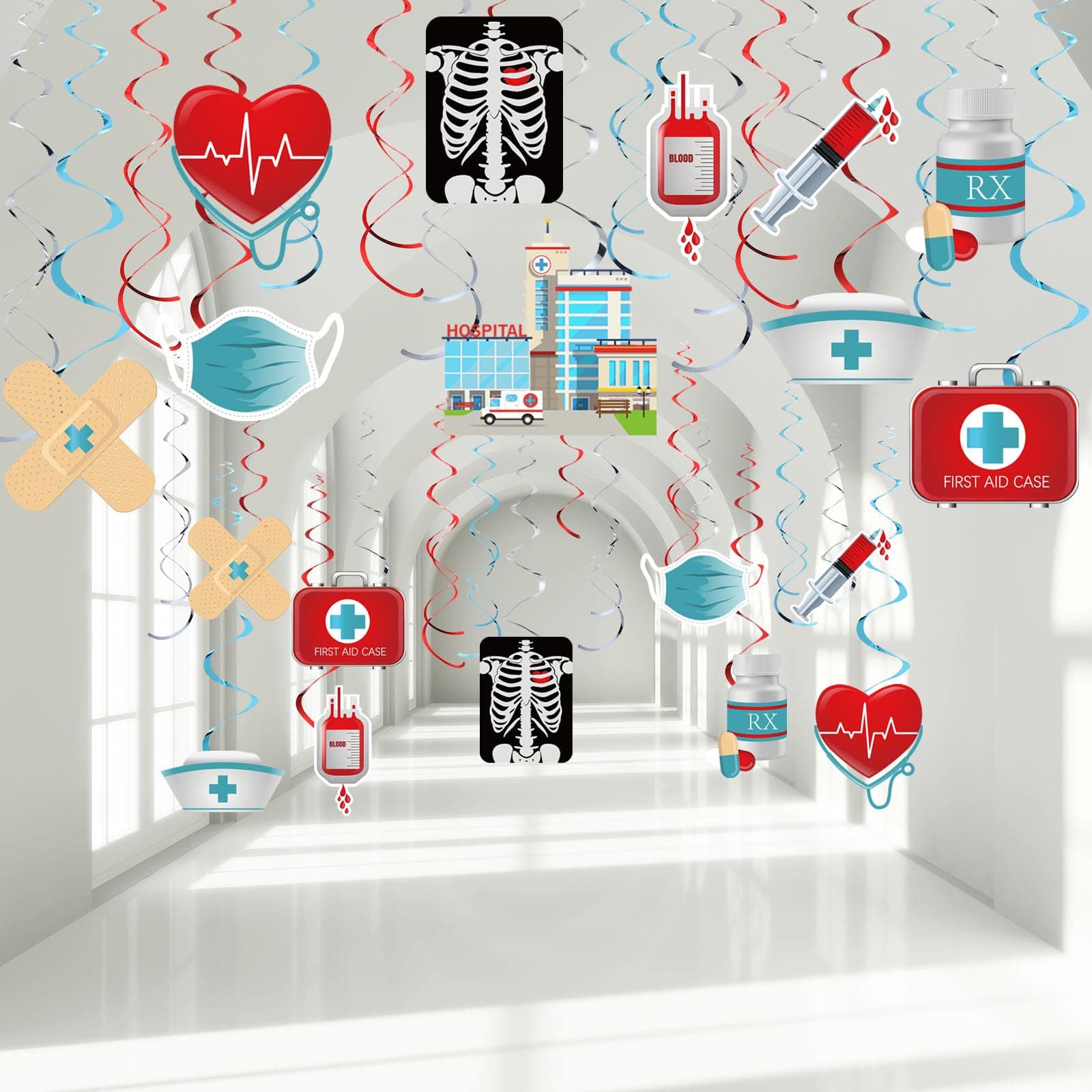 30 Pieces Nurse Party Decoration Nurse Graduation Week Decor Red and Blue Foil Ceiling Hanging Swirl Streamers for Medical RN Themed Party Nursing School Supplies