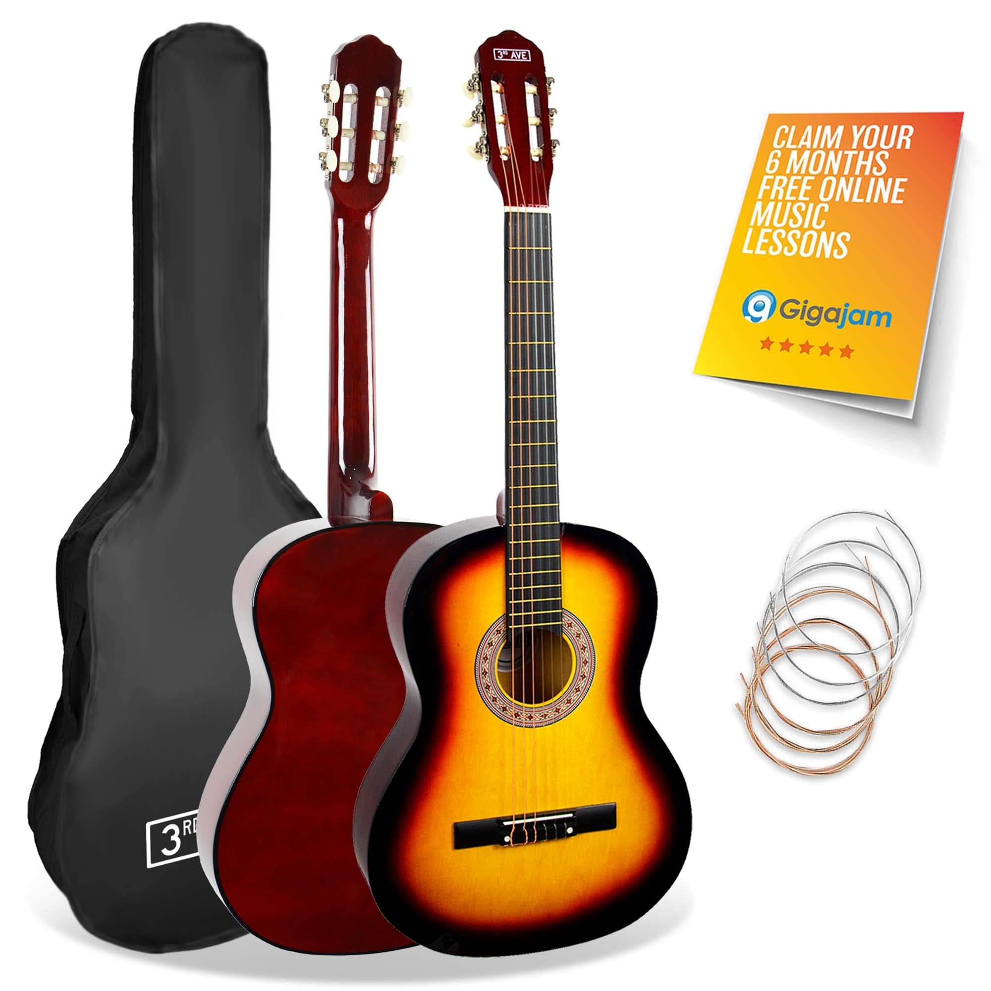 Full Size 4/4 Classical Guitar Spanish Nylon String Beginner Pack Bundle - 6 Months FREE Lessons, Bag, Strings – Sunburst