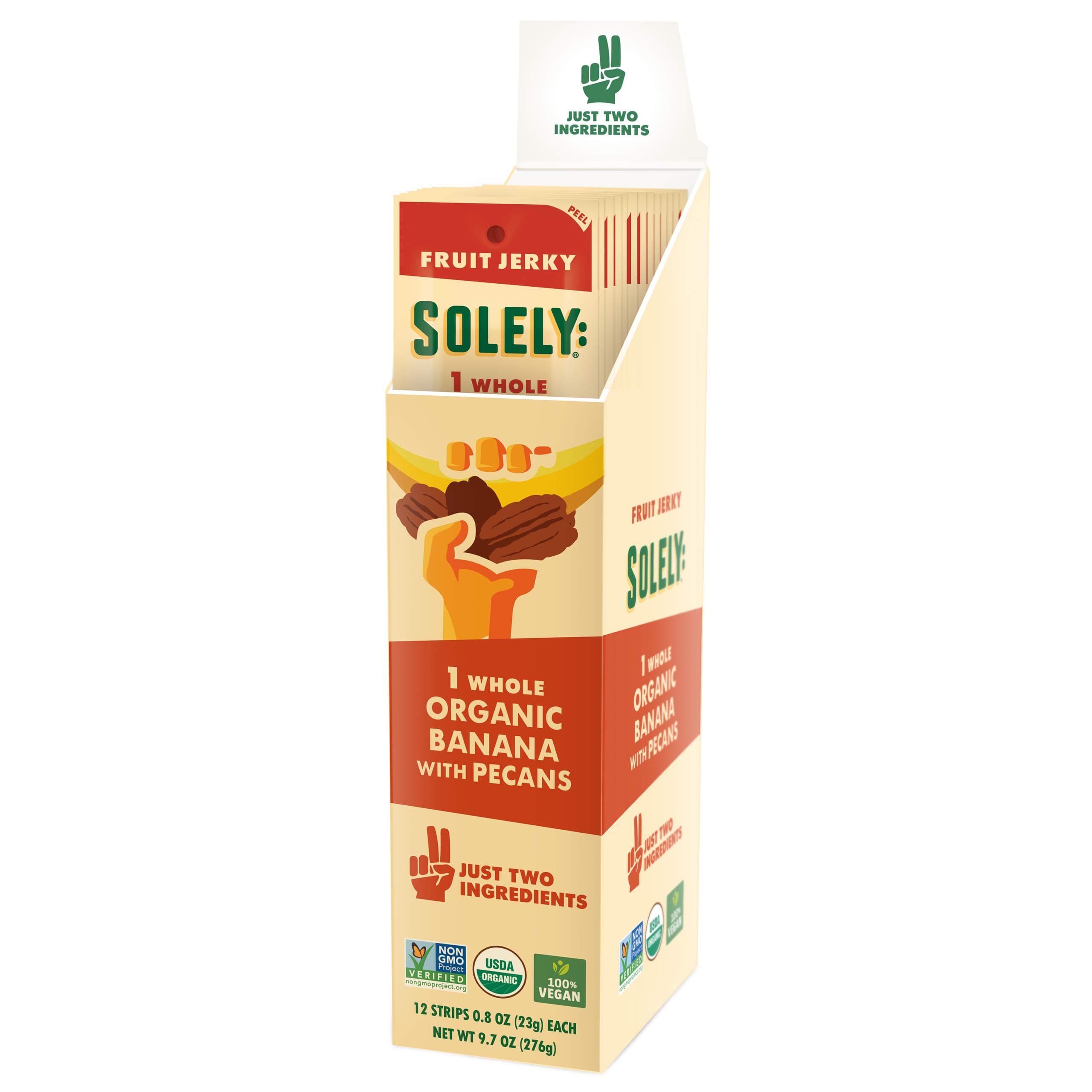 SOLELY - Organic Banana w/Pecans Fruit Jerky - 12 Individually Wrapped Fruit Strips - Fruit Leather Made from Dried Fruit - Healthy Snacks for Adults & Kids - Non GMO, Vegan Snacks - 0.8oz (23g)