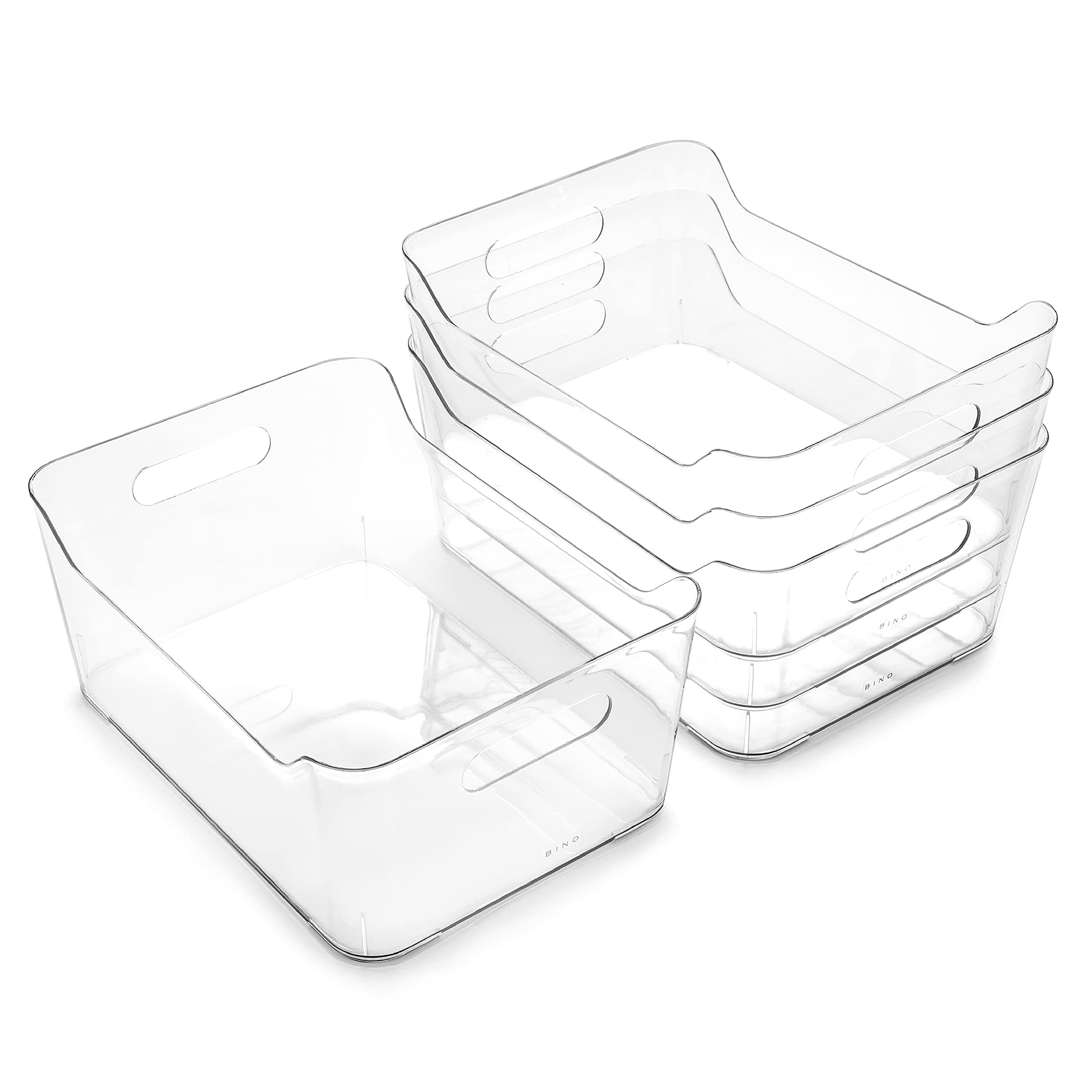 E World | Plastic Storage Bins, Large - 4 Pack | The SOHO Collection | Multi-Use Organizer Bins | Built-in Handle | BPA-Free | Pantry Organization | Home Organization | Fridge and Freezer Organizer