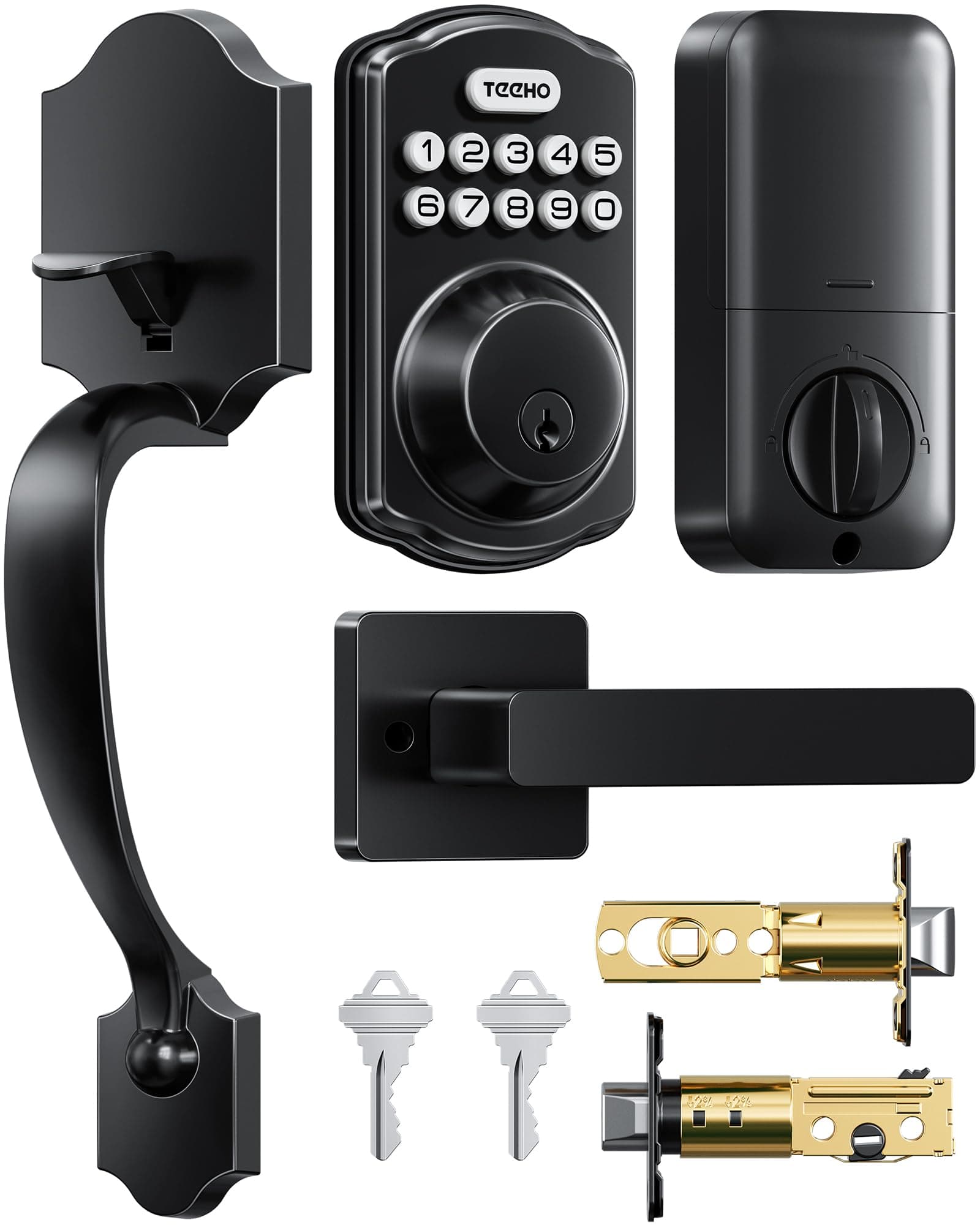 TEEHO Keyless Entry Door Lock - Electronic Keypad Deadbolt with Handle Set - Front Door Handles - Heavy Duty - Door Lock with Code - 2 Keys - Auto Lock Feature - Easy Installation - Matte Black