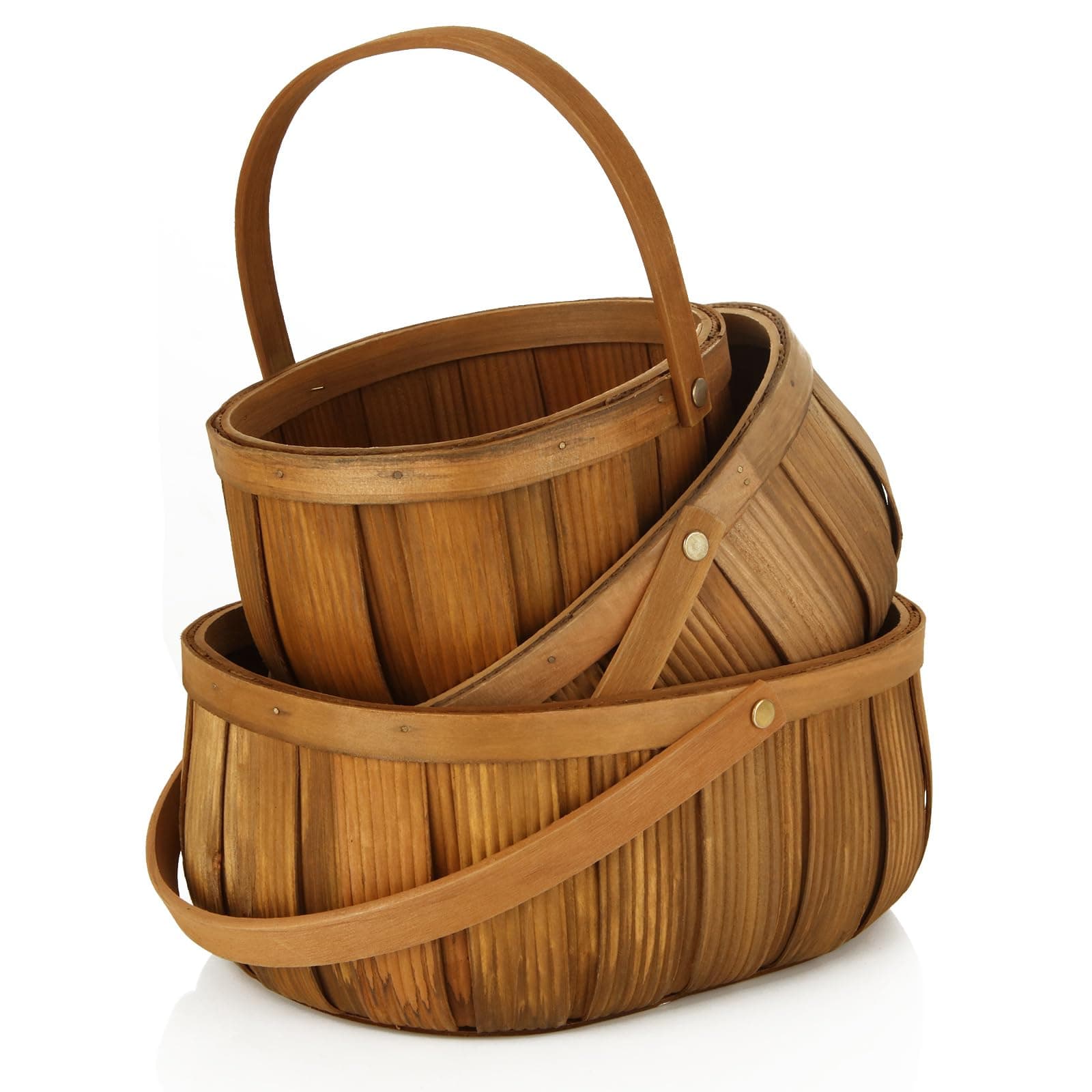 LOEQIAN 3 Pack Wicker Bread Baskets with Handle, Oval Hand Woven Picnic Basket Set for Storage, 3 Size Handle Wooden Fruit Basket for Storage Vegetable Gift Packing Woven Bin Kitchen Cabinet Organizer