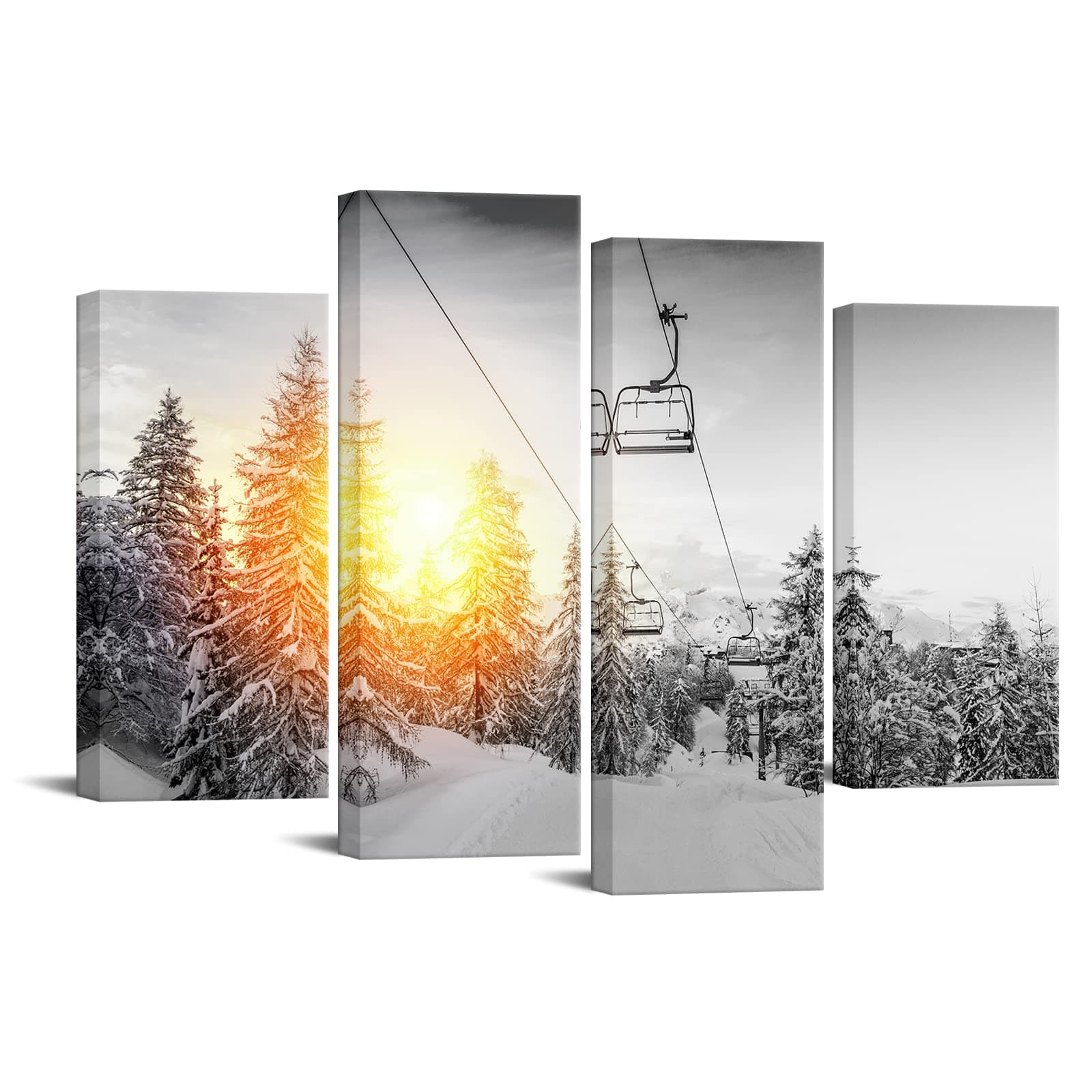 YeiLnm Ski Mountain Posters Snowboard Picture 4 Piece Wall Art Winter Canvas