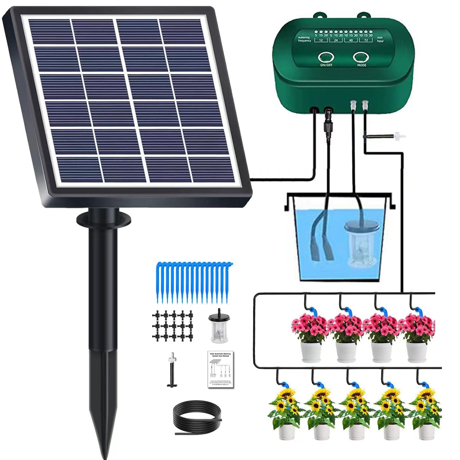 Lewisia 2W Solar Automatic Drip Irrigation Kit with Timer Auto Watering System Solar Powered Auto-Irrigation Set for Garden Beds Patio Lawn Plants Greenhouse Flower 50FT for 15 Plants
