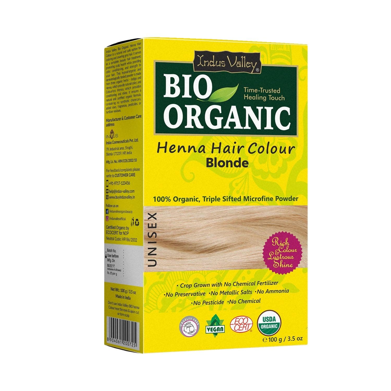 Bio Organic Natural Henna Hair Color For Women Blonde 100gm| 100% Gray Hair Coverage And Long Lasting Hair Dye | Vegan and Cruelty-Free I Herbal Hair Color for All Hair Types