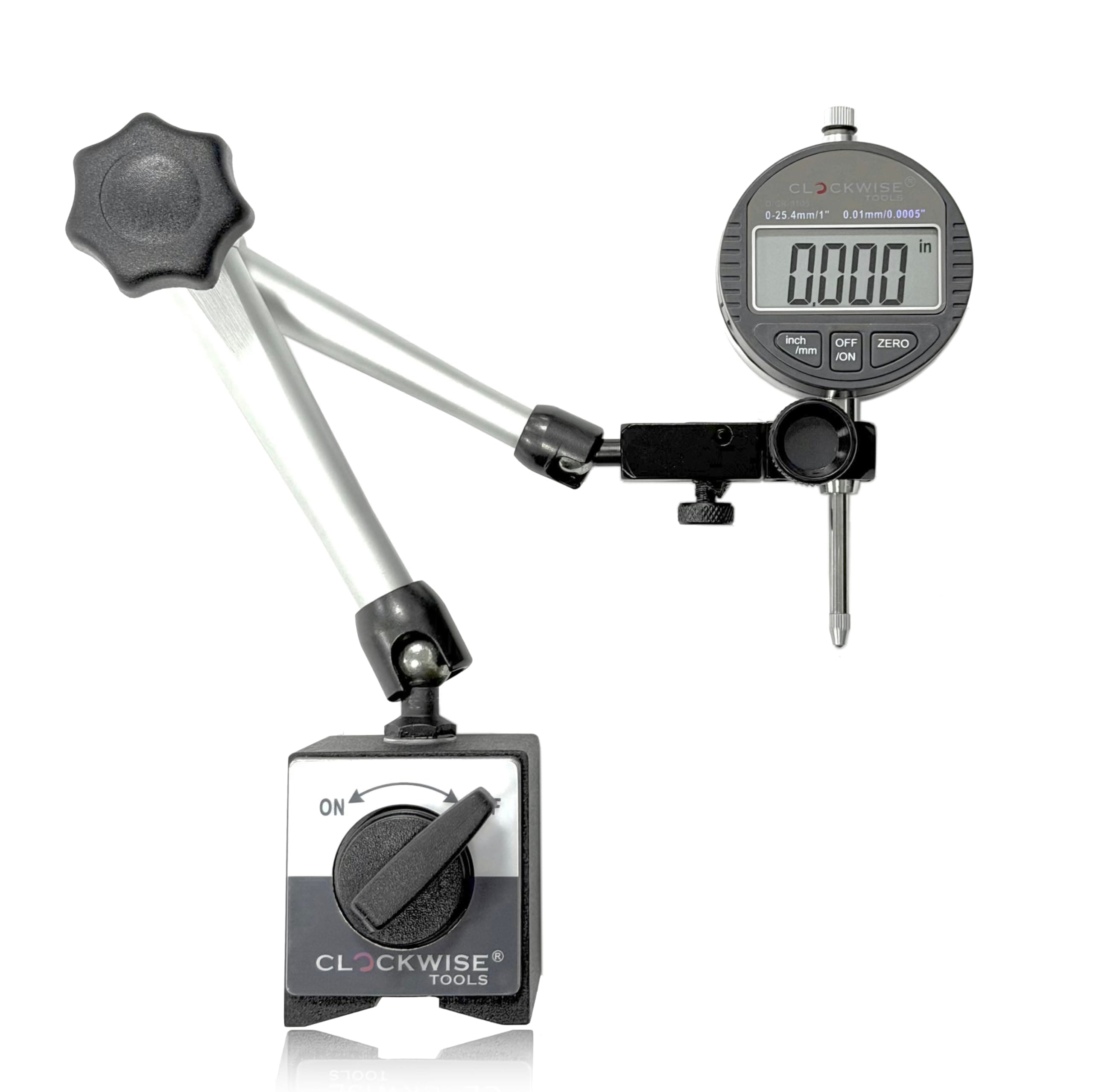 Clockwise Tools DIBR-0105 Electronic Digital Dial Indicator Gage Gauge and Magnetic Base (0-1in/25.4mm)