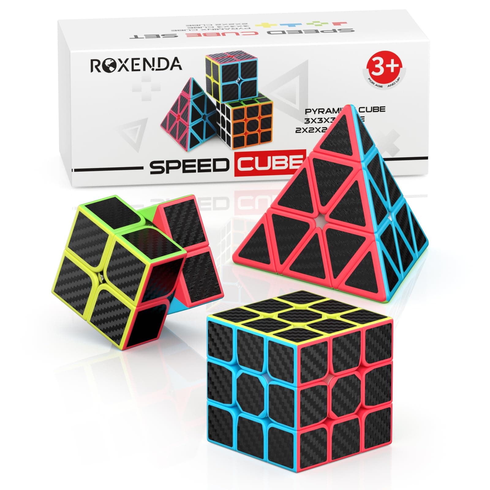ROXENDA Speed Cube Set, 2X2 3X3 Pyramid Speed Cube Carbon Fiber Puzzle Cube with Instruction (Carbon Fiber Cube Set)