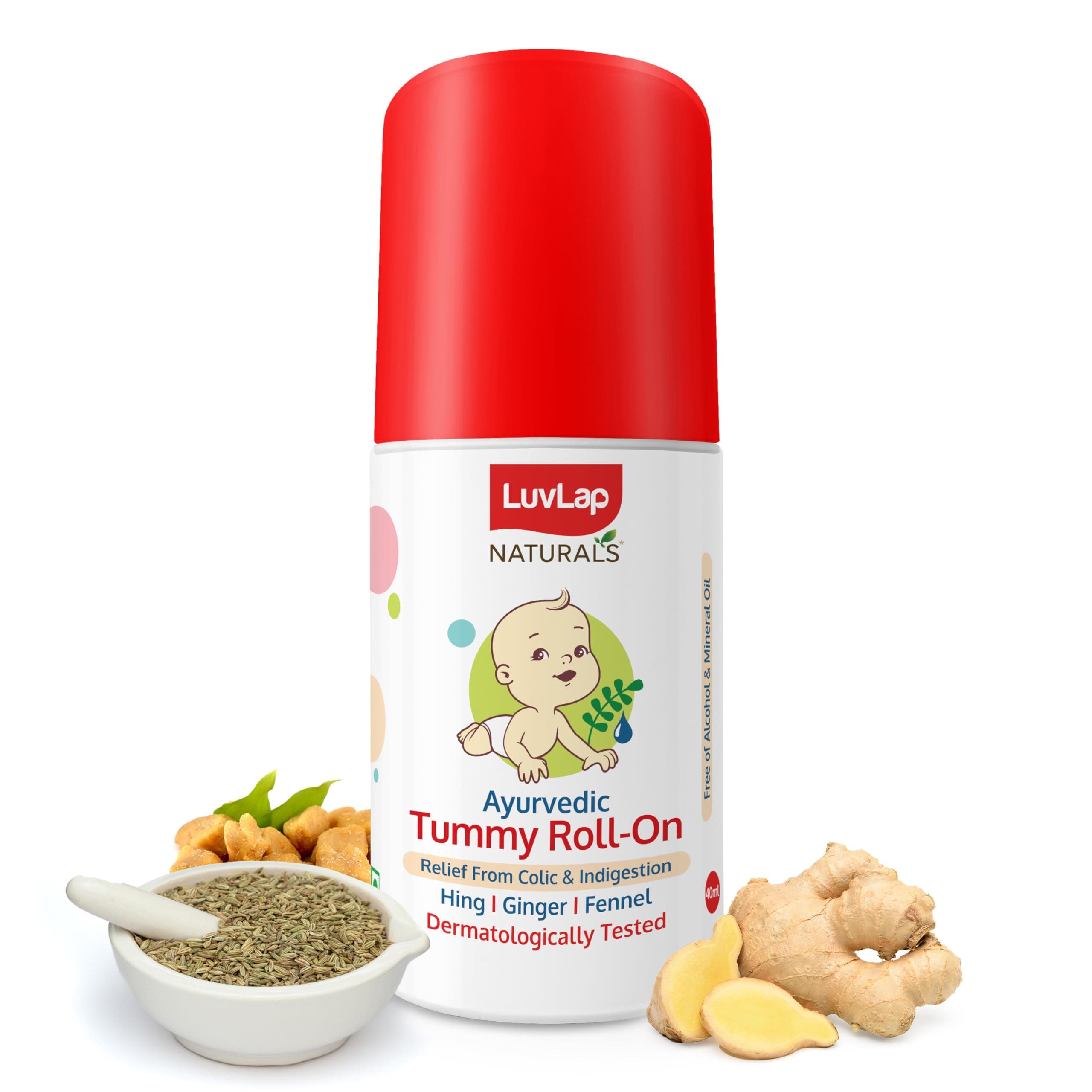 Luv Lap Naturals Baby Tummy Roll On Oil for Colic & Gas Relief, Relieves Constipation & Indigestion with Hing, Ginger & Fennel (Saunf), Alcohol free, Dermatologically tested Ayurvedic medicine, 40ml