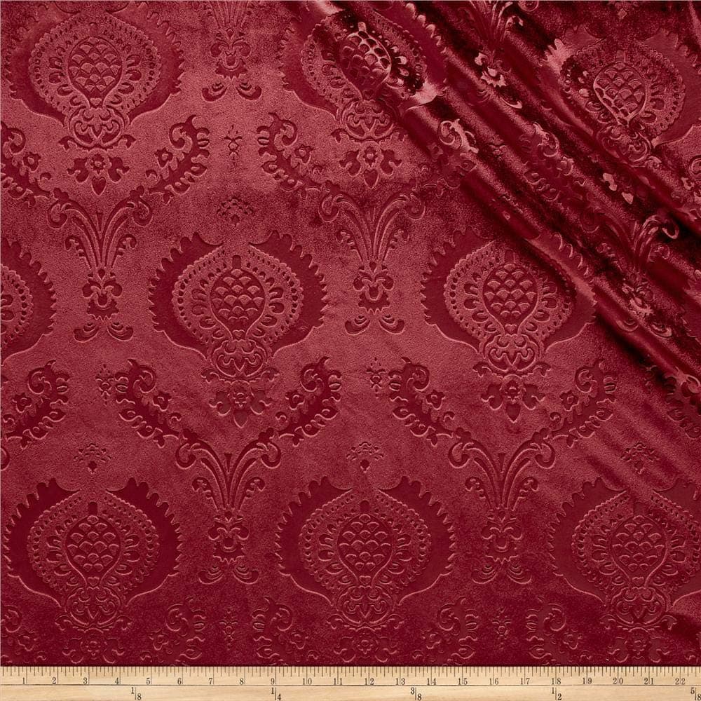 Brocade Damask Velvet Fabric, Ideal Embossed Material (Burgundy, Yard)