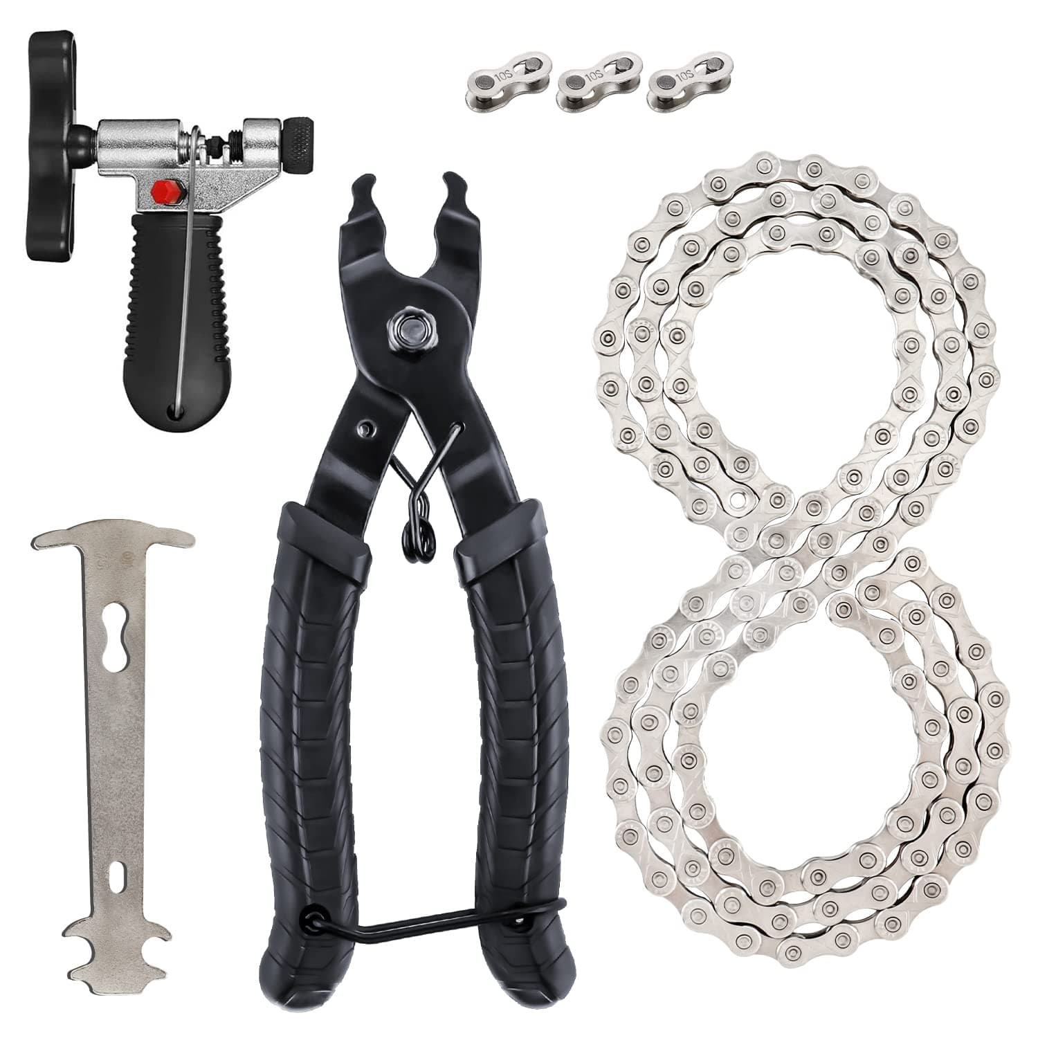 MUQZI Bike 10 Speed Chains + Bike Chain Master Link Plier + Chain Breaker Splitter Tool + Chain Checker + 3 Pairs Bicycle Missing Links, Bicycle Chain Repair Tool Kit, 10S