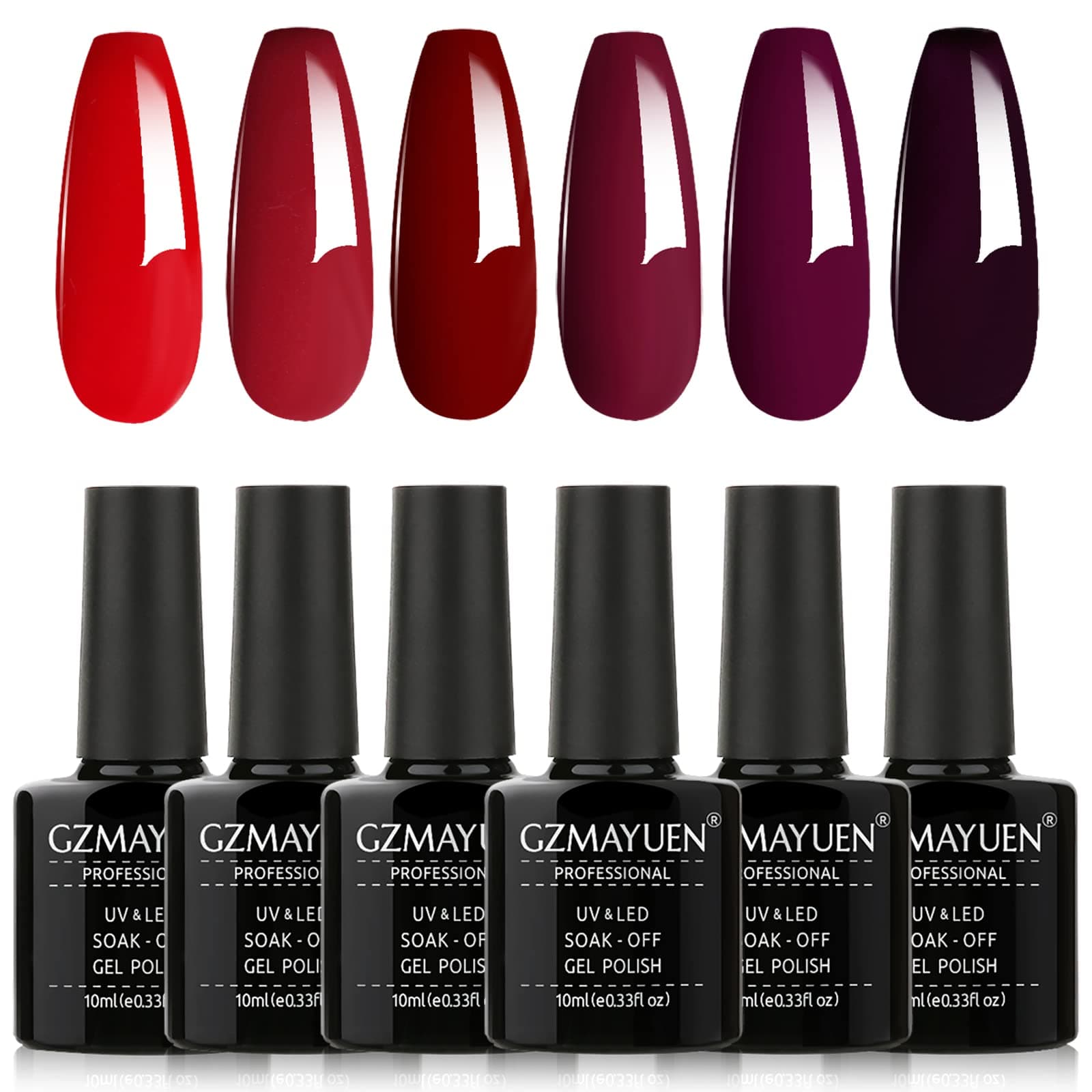 Red Gel Nail Polish Set - 6 Dark Shellac Colors, UV Gel 10 ml, Shine Nail Polish