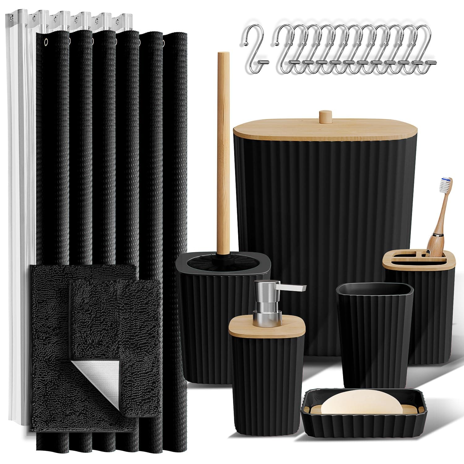 Bathroom Accessories Set - Bathroom Set, Bathroom Sets with Shower Curtain and Rugs, Shower Curtain Set with Bathroom Trash Can - Black - 22PC