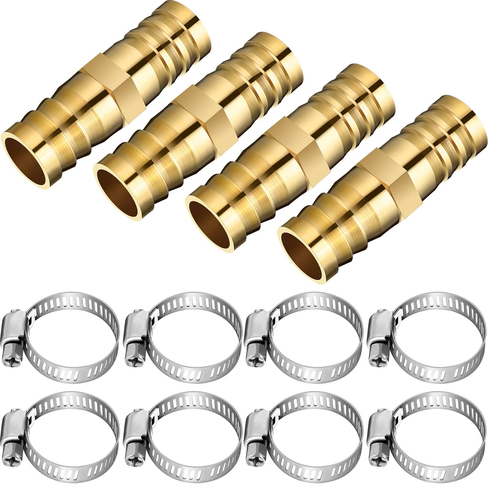 Zhengmy 12 Pcs 5/8-3/4 Inch Hose Repair Kit Brass Barb Fitting Garden Water Hose Repair Connectors with Claps Fiting with 8 Pcs Stainless Steel Pipe Clamp for Fuel Air