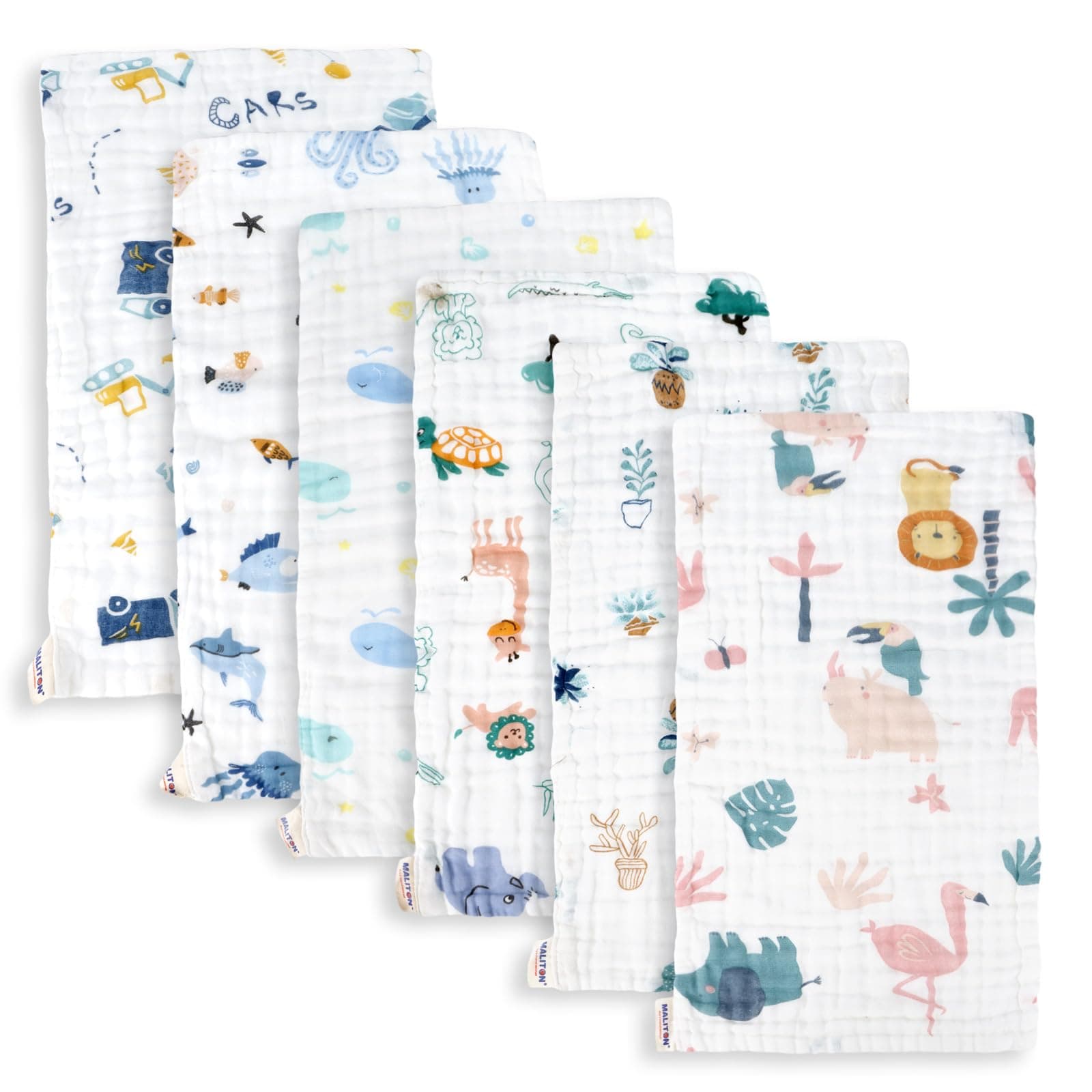 Muslin Cloths for Baby, 6 Pack Burp Cloths for Baby,100% Cotton 6 Layers Absorbent& Soft& Breathable Baby Muslins Pack,50x25CM Muslin Squares Baby Essentials for Newborn(Animals& Cars, 6 Pack)