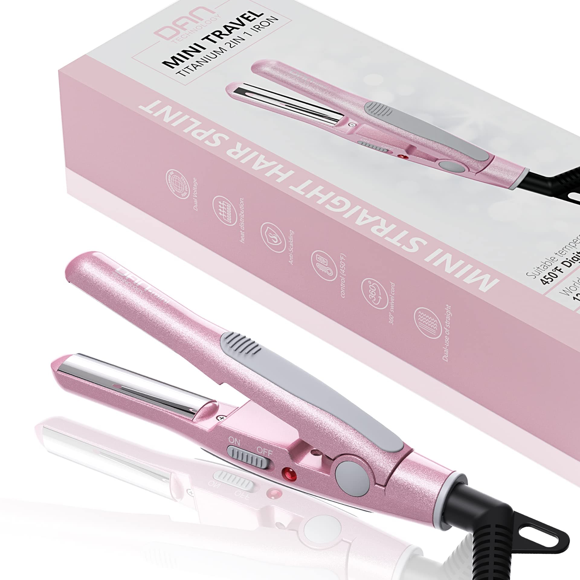DAN Technology Tourmaline Ceramic Mini Flat Iron, Travel Flat Iron, Small Flat Irons for Short Hair,1/2" Mini Hair Straightener, Dual Voltage & U-Shaped Design Plates & 30s Fast Heating, Rose Pink