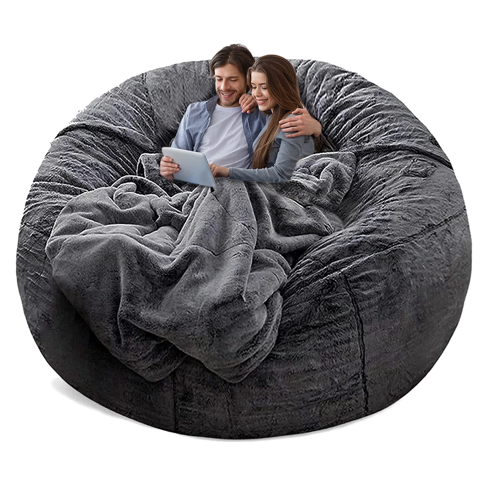 YudouTech(No Filler Bean Bag Chair Cover Without Filler,Big Round Soft Fluffy PV Velvet Washable Bean Bag Lazy Sofa Bed Cover for Adults,Living Room Bedroom Furniture Outside,5ft Dark Grey