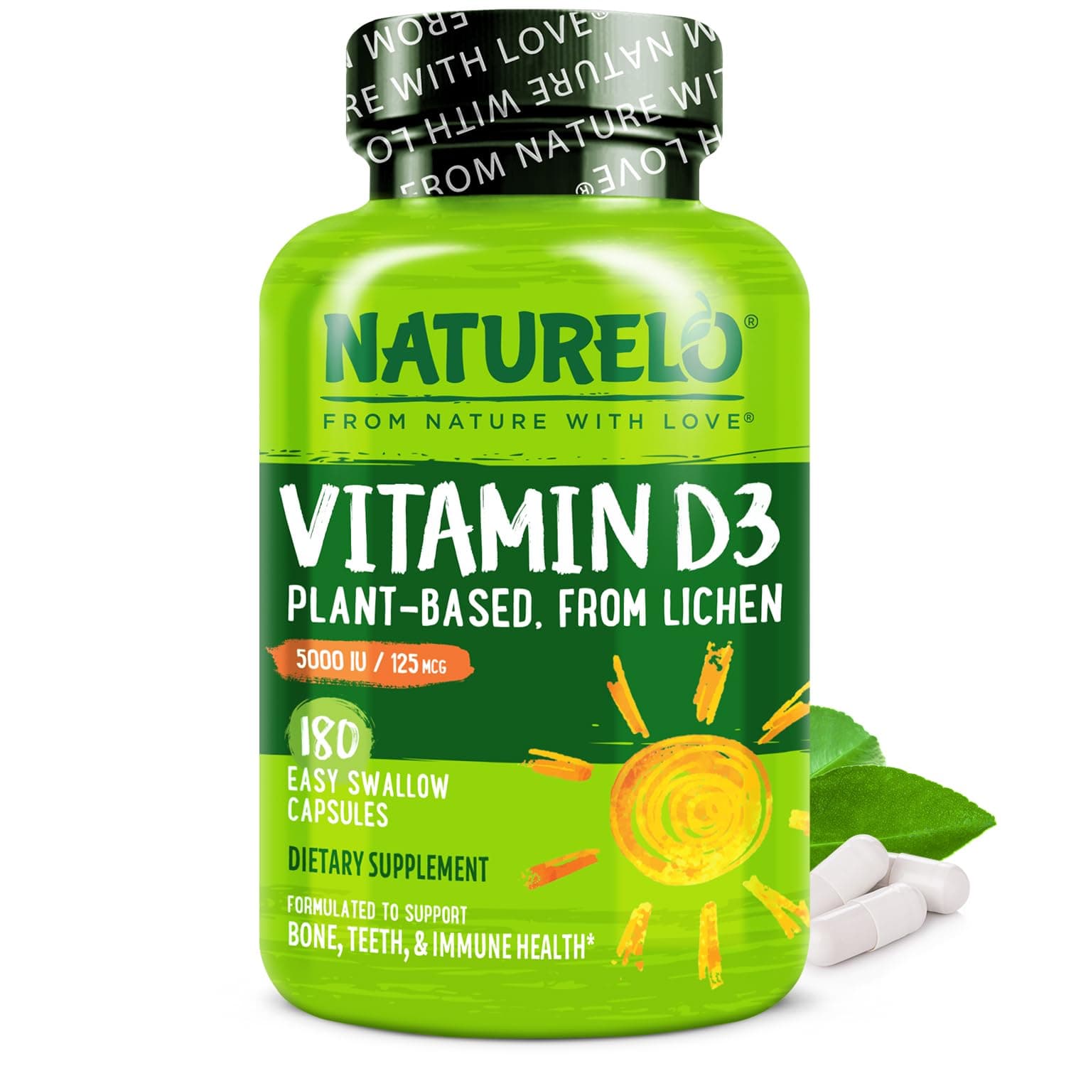 Vitamin D - 5000 IU - Plant Based from Lichen - Natural D3 Supplement for Immune System, Bone Support, Joint Health - High Potency - Vegan - Non-GMO - Gluten Free - 180 Capsules