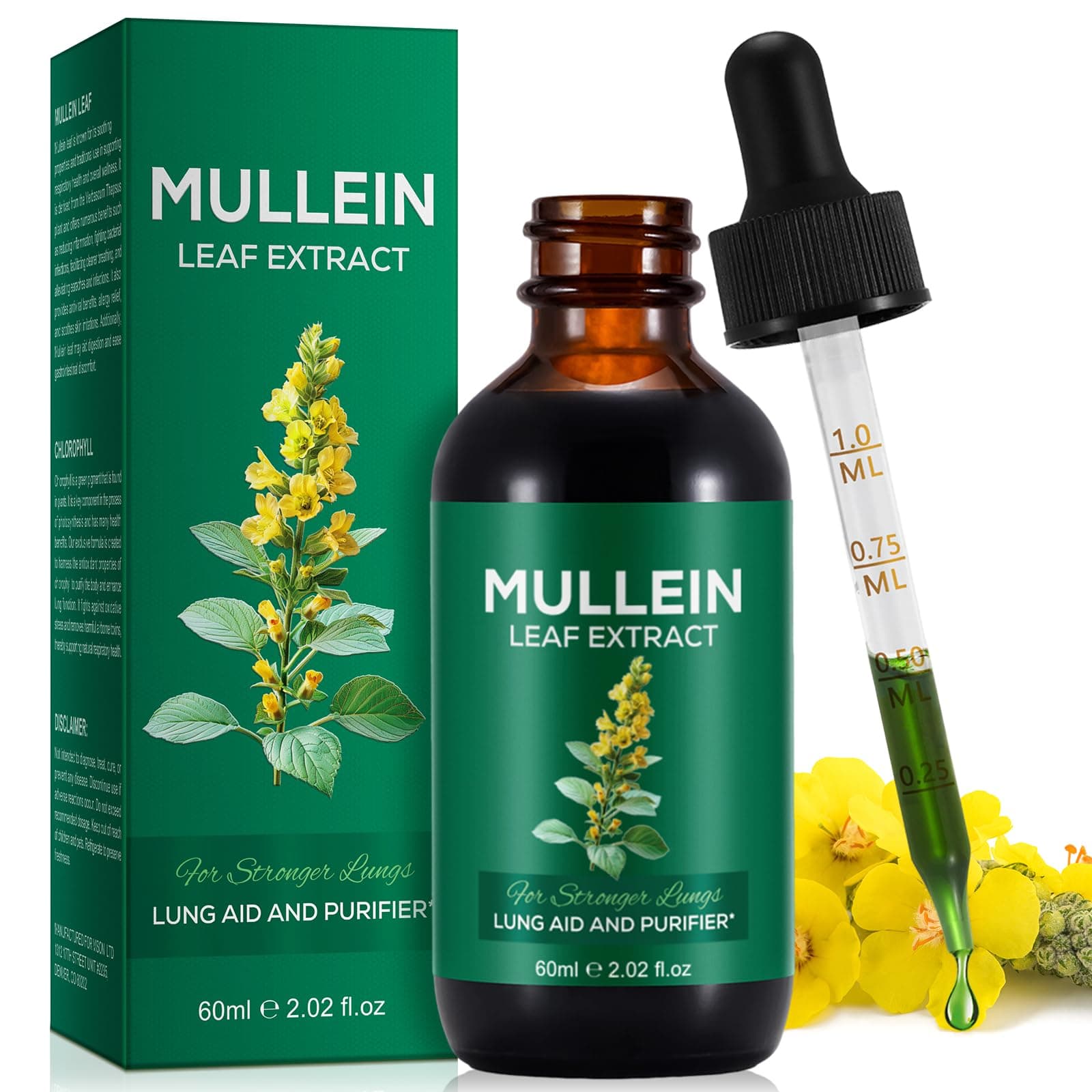 Mullein Drops for Lungs, Mullein Leaf Drops with Premium Mullein Leaf Extract, Mullein Leaf Extract Supplement, Mullein Leaf Extract for Lung Cleanse and Respiratory Support-2.02 fl oz