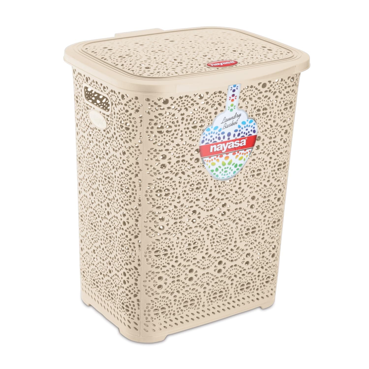 Nayasa Flower 35 Liters Laundry Basket for Clothes with Lid| Laundry Bag for Clothes | Laundry Basket Plastic | Multipurpose Basket for Storage | Ivory