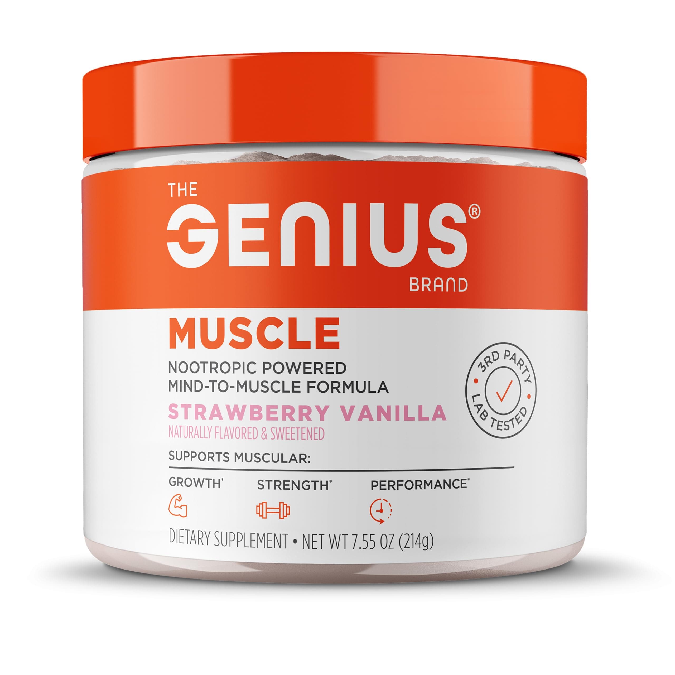 The Genius Brand Genius Muscle - Muscle Health Supplement for Growth, Endurance & Recovery - Non-Hormonal Formula - 6 Organic Mushrooms - Naturally-Sweetened - 30 Servings - Strawberry Vanilla