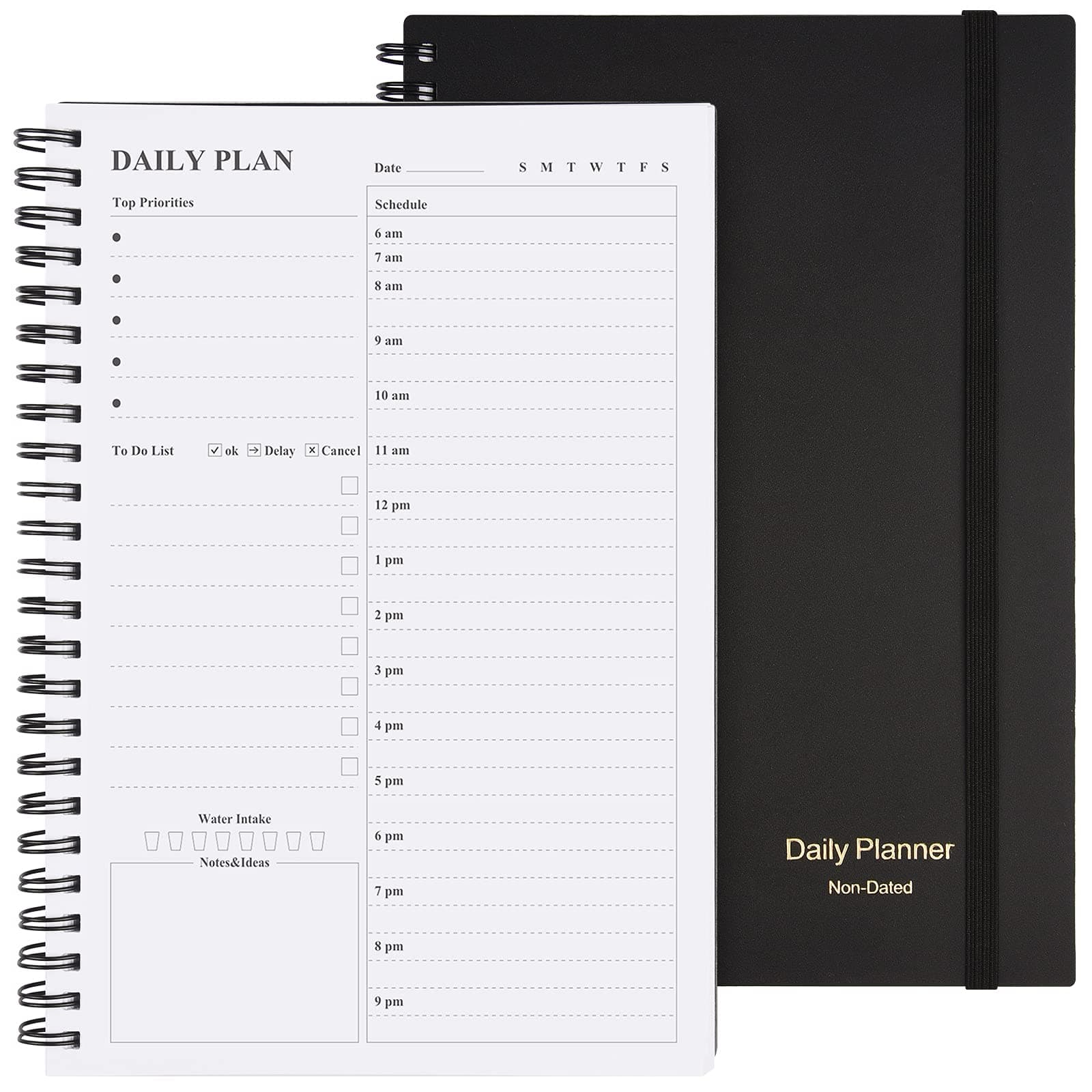 Daily Planner Undated, Asten to Do List Notebook Hourly Schedules Spiral Appointment Planner for Men and Women,PVC Hardcover,Elastic Closure, Inner Pocket 14.7 x 21.2cm (Black)