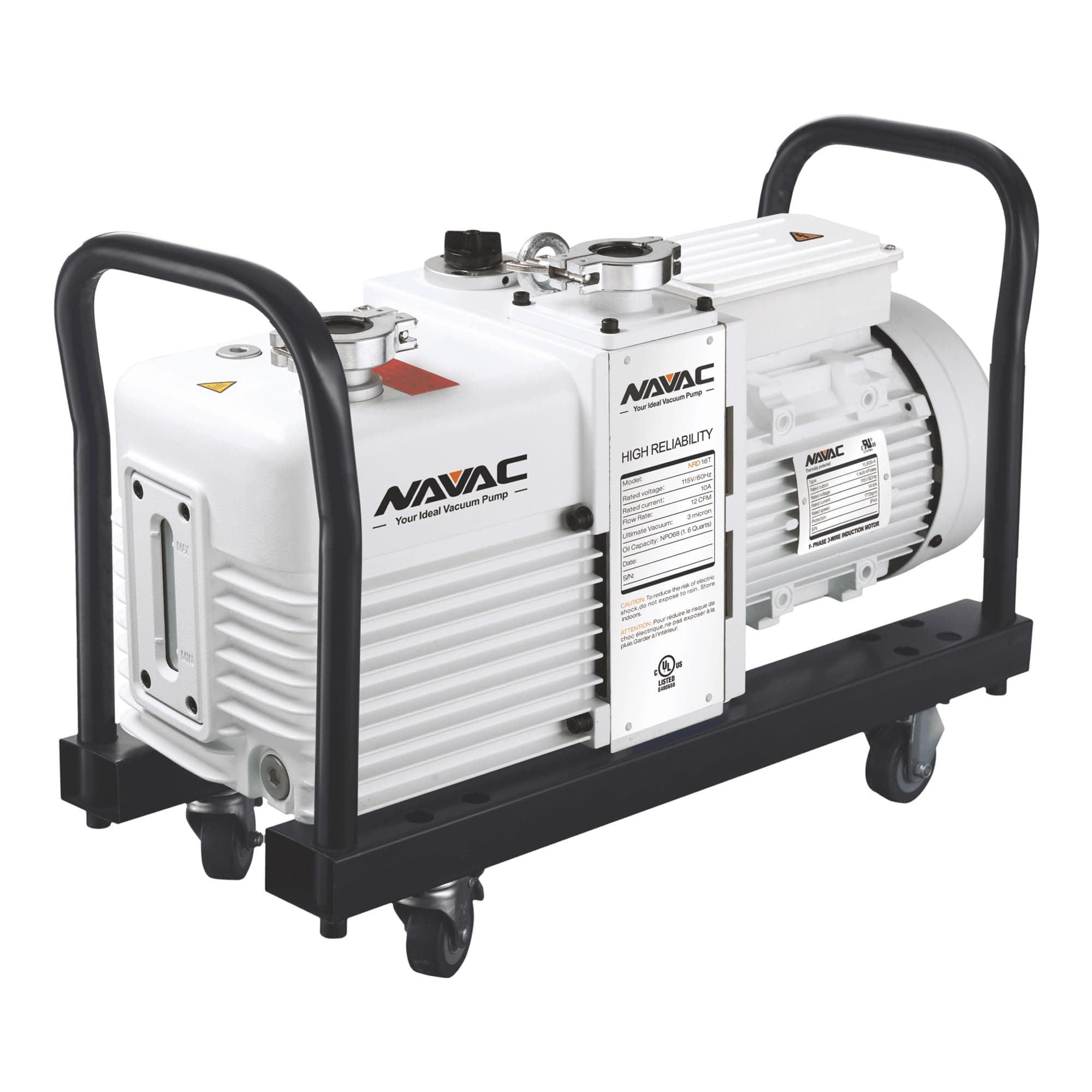 NAVAC NRD16T Industrial Vacuum Pump for Heavy Commercial and Industrial Applications | 12 CFM, 3 Microns | High-Performance Oil Mist Filter and Carry Cart Included | 1 Year Warranty