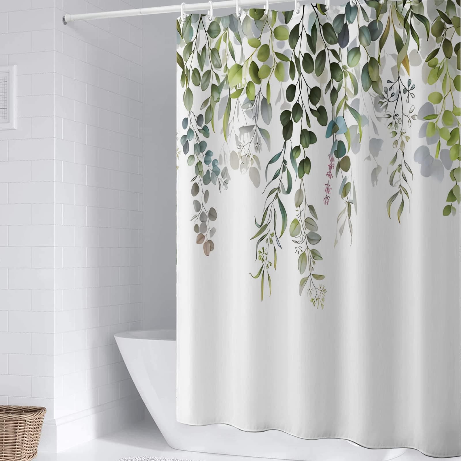 Shower Curtain Polyester Fabric Shower Curtain Liner 72x72 Inch, Weighted Hem Waterproof Washable Bathroom Curtains with 12 Hooks, Green Round Leaves