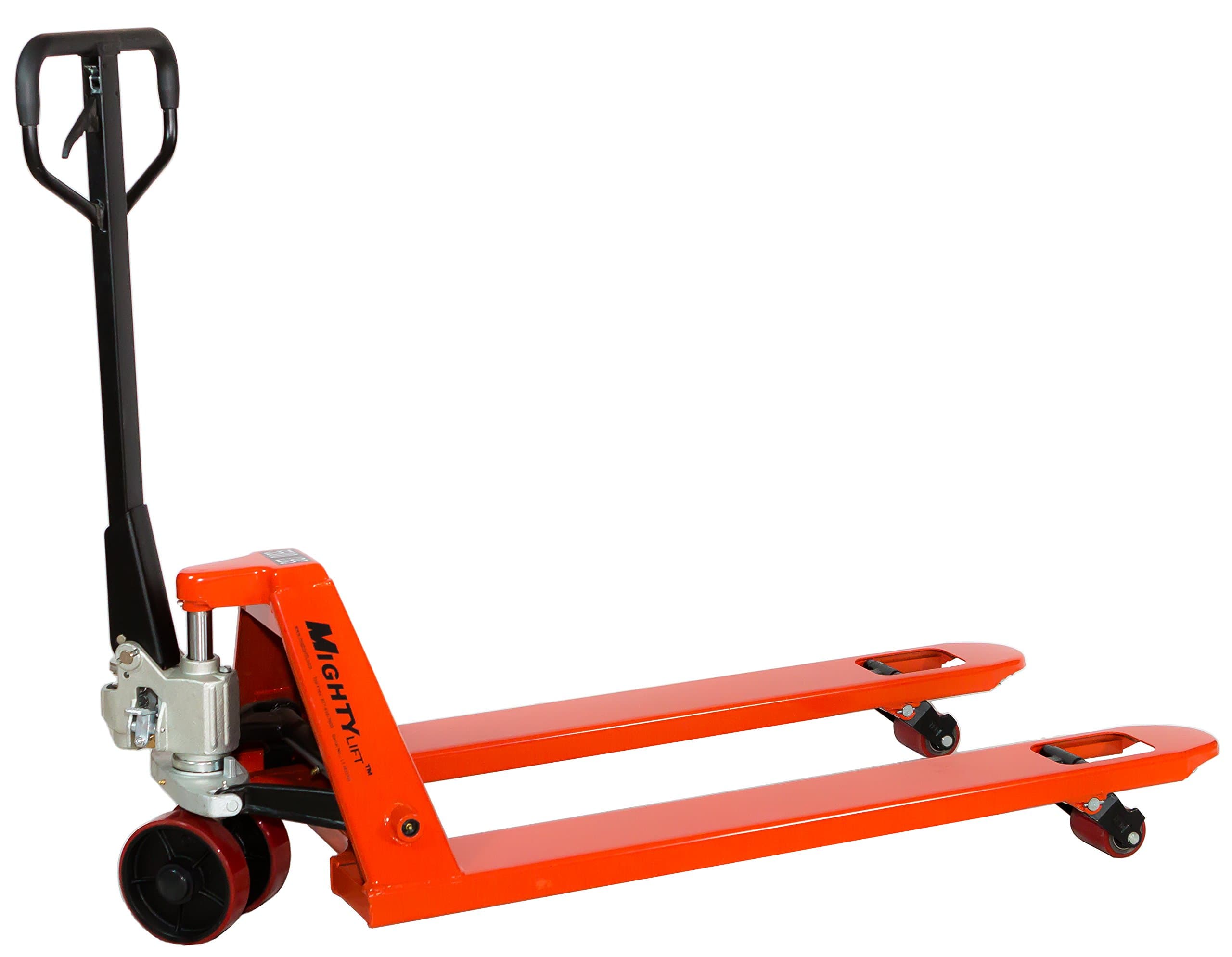 Mighty Lift ML55-2 Heavy Duty Pallet Jack Truck, Wheels: Polyurethane on Steel, 50" Height, 27" Width, 48" Length, 5500 lbs. Load Capacity, Orange