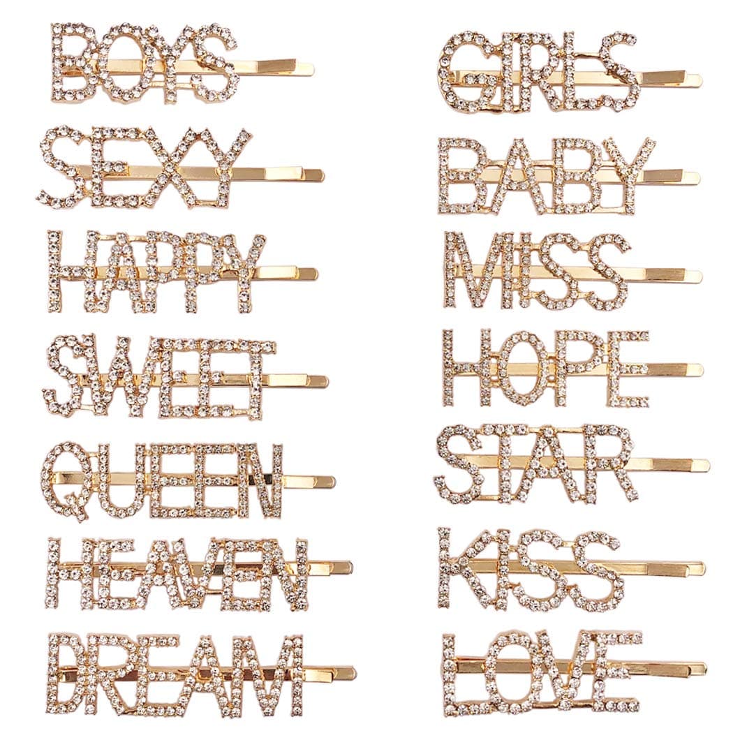 Letters Bobby Hair Pins Messen Bling Word Headwear Luxury Crystal Rhinestones Hair Clips for Women Girls Sparkle Hair Barrette Tools Hair Accessories (14 Pieces,Gold Color)