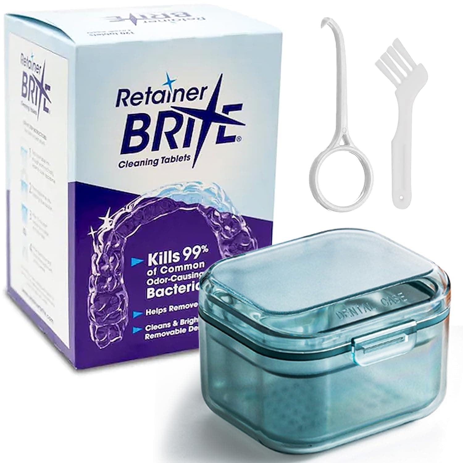 Retainer Brite Cleaning Kit Including 96 Tablets (3 Month Supply) and Case - Retainer Box Ideal for retainers, mouthguard, dentures, invisalign. Removes Plaque and Tartar. (Blue)