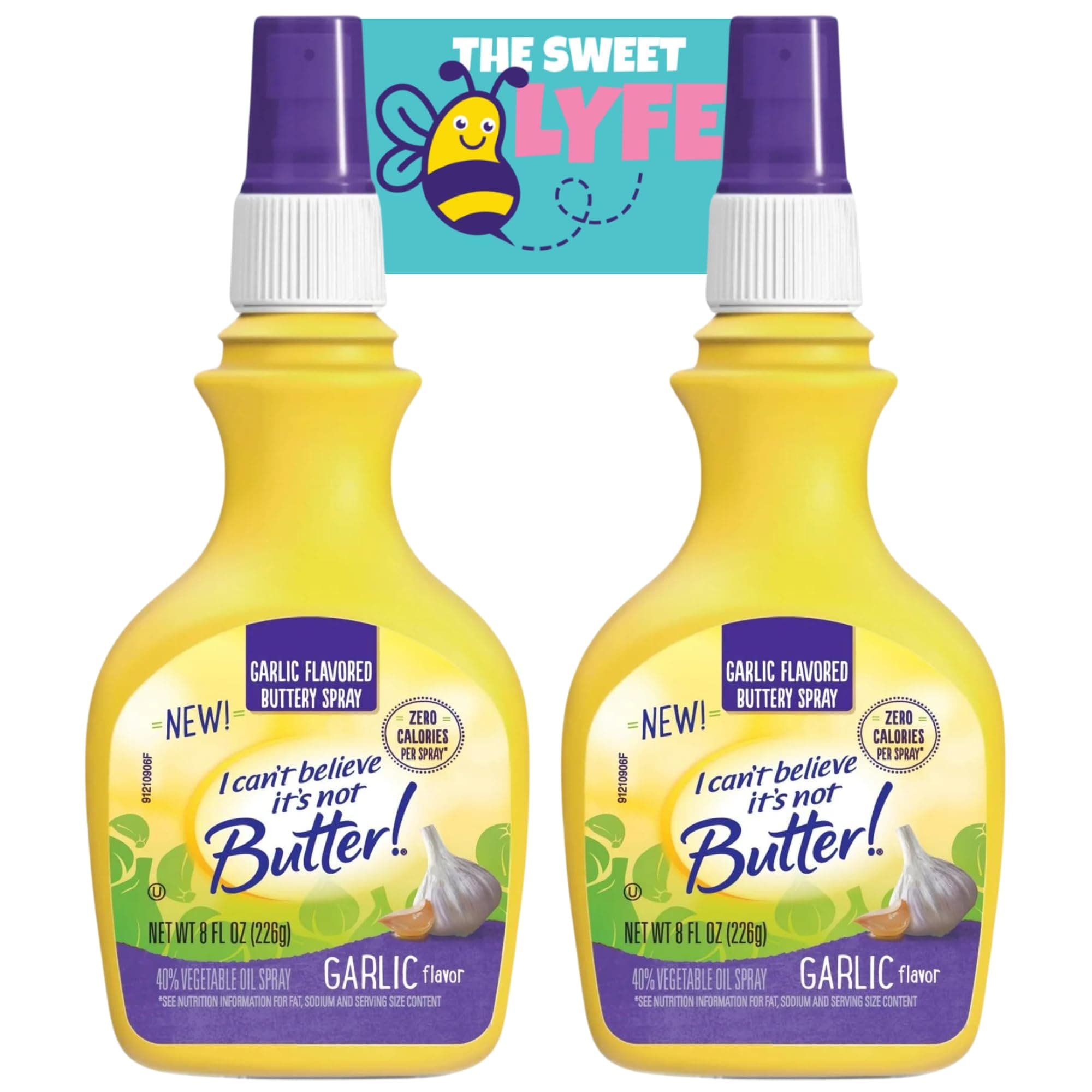 Garlic Flavored Vegetable Oil Spray Bundle. Includes Two- 8 Oz Bottle of I Can't Believe It's Not Butter Garlic Spray Plus The Sweet Lyfe Fridge Magnet. Plant-Based Vegetable Oil for Cooking & More!