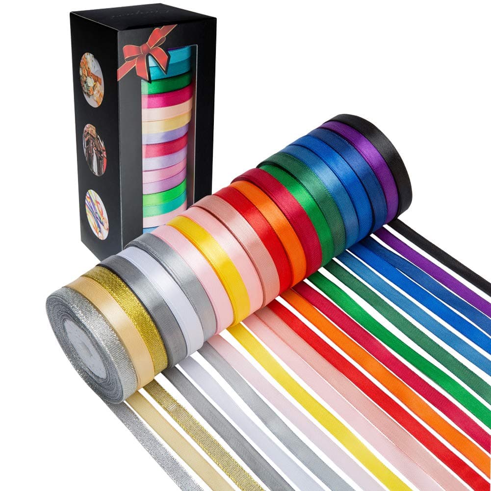 20 Colors 300 Yard Satin Ribbon -18 Silk Ribbon Rolls & 2 Glitter
