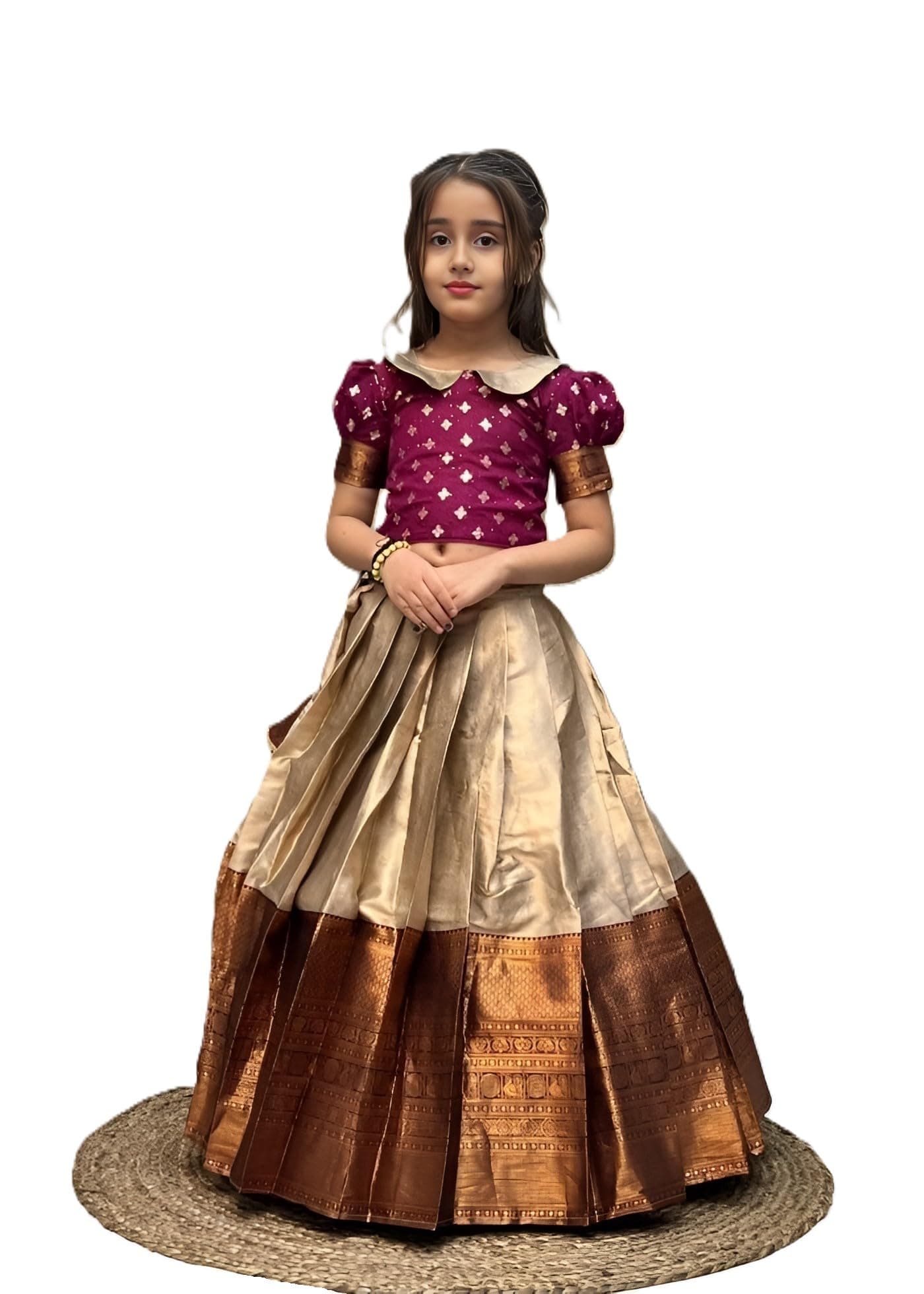 "Girls' Silk Blend Lehenga Choli Set – Traditional Ethnic Wear with Puff Sleeve Blouse and Rich Zari Border Skirt – Festive & Wedding Outfit"