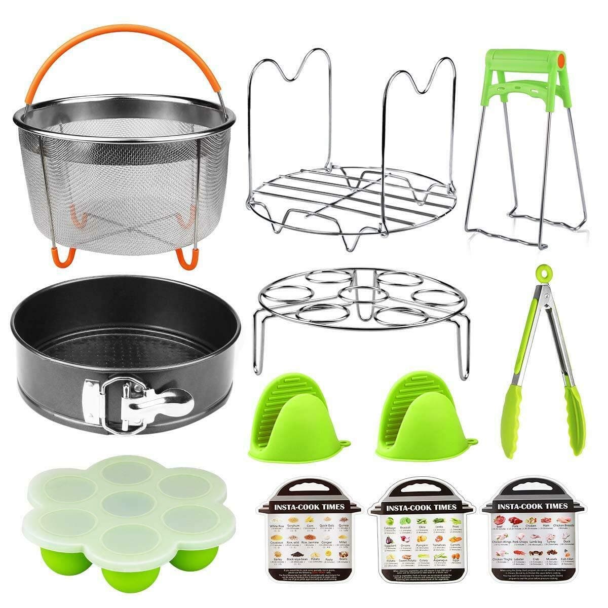 Pressure Cooker 12 in 1 Accessories Set for Instant Pot 6,8 Qt Includes Vegetable Steamer Basket, Springform Pan, Egg Steamer Rack, Dish Clip, Steam Rack Trivet Magnetic Cheat Sheets.